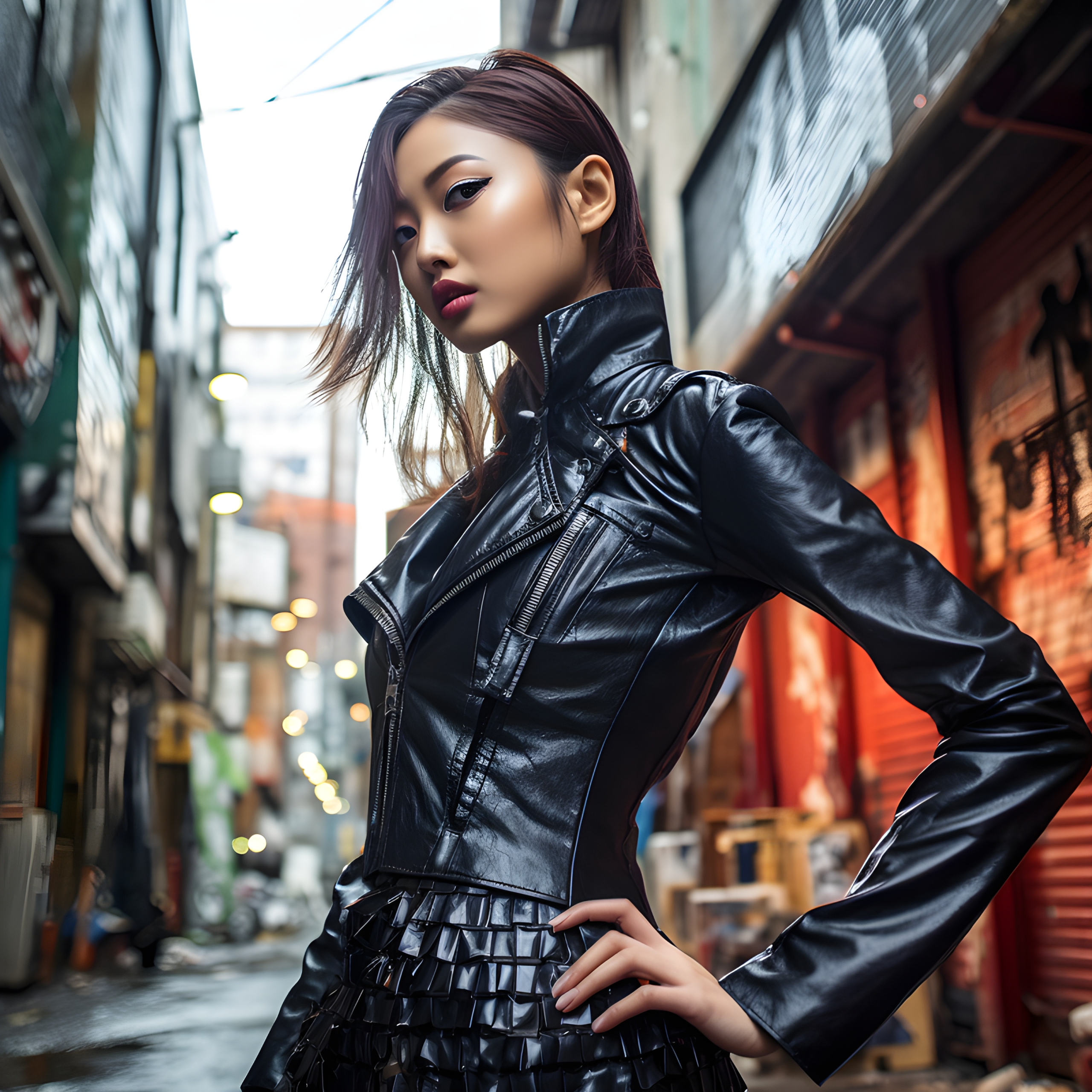 Edgy Asian model in leather jacket