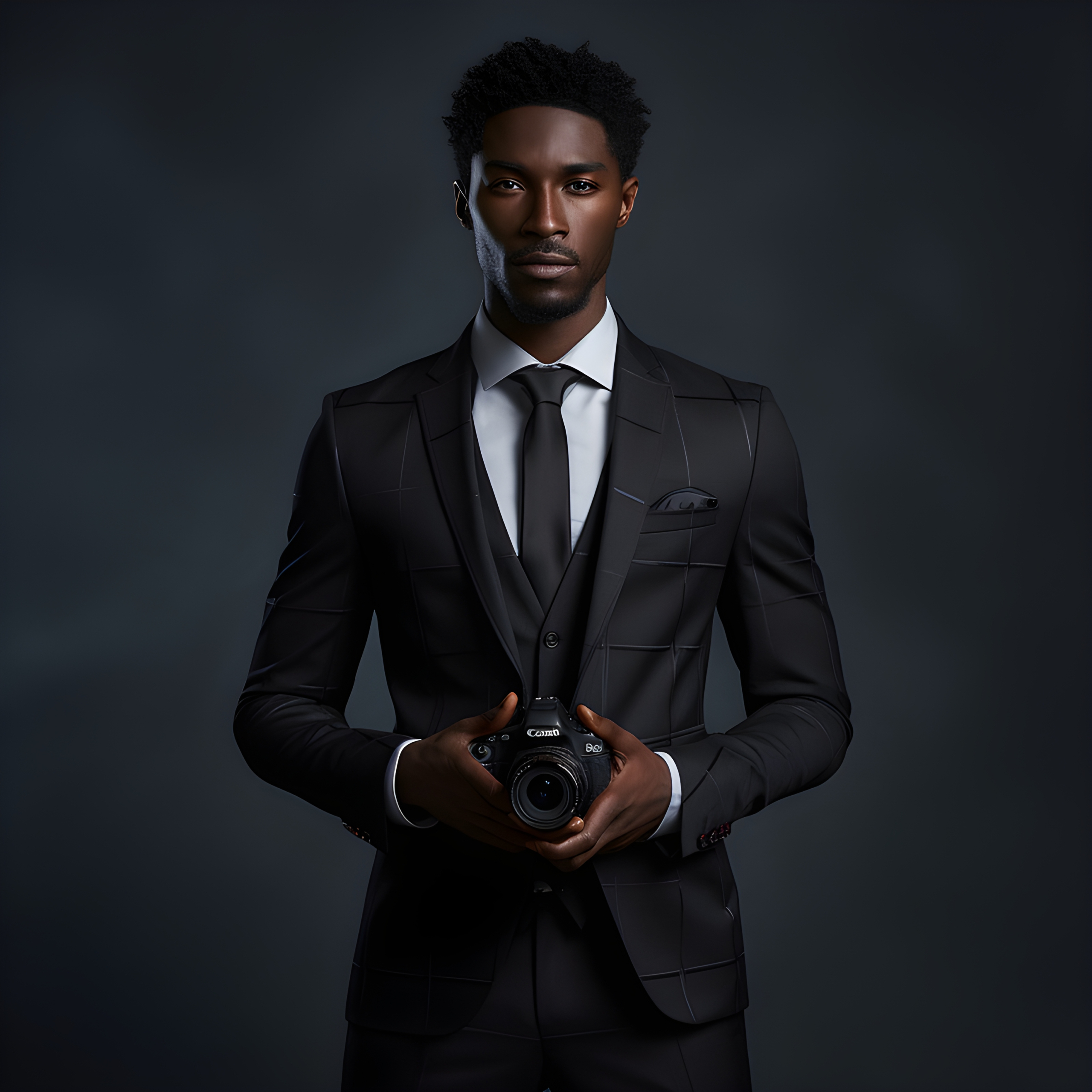 Male model in a suit holding a camera
