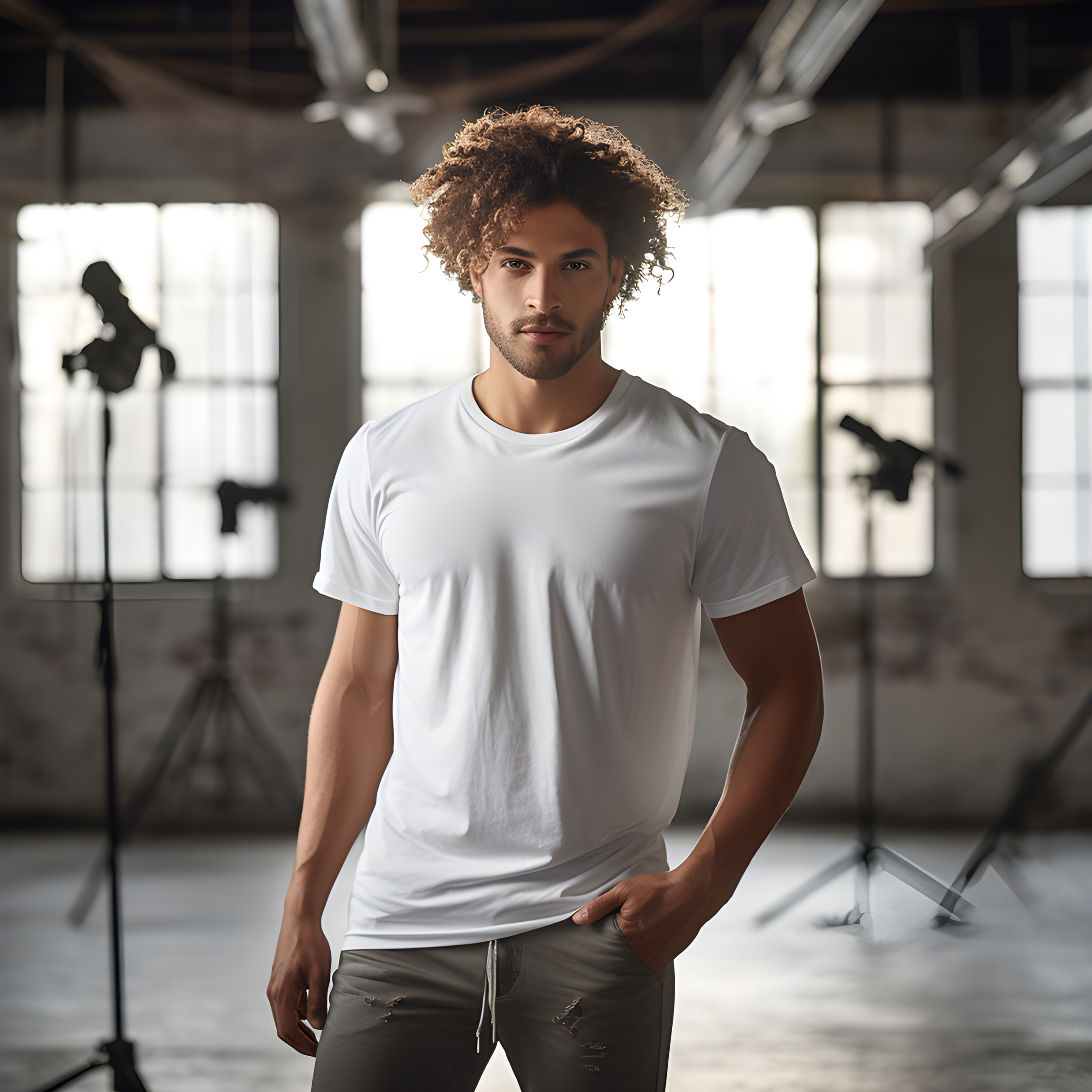 Model in a white t shirt at a photoshoot
