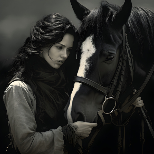 Woman saying farewell to her Horse. Impossible Images Unique stock images for commercial use.