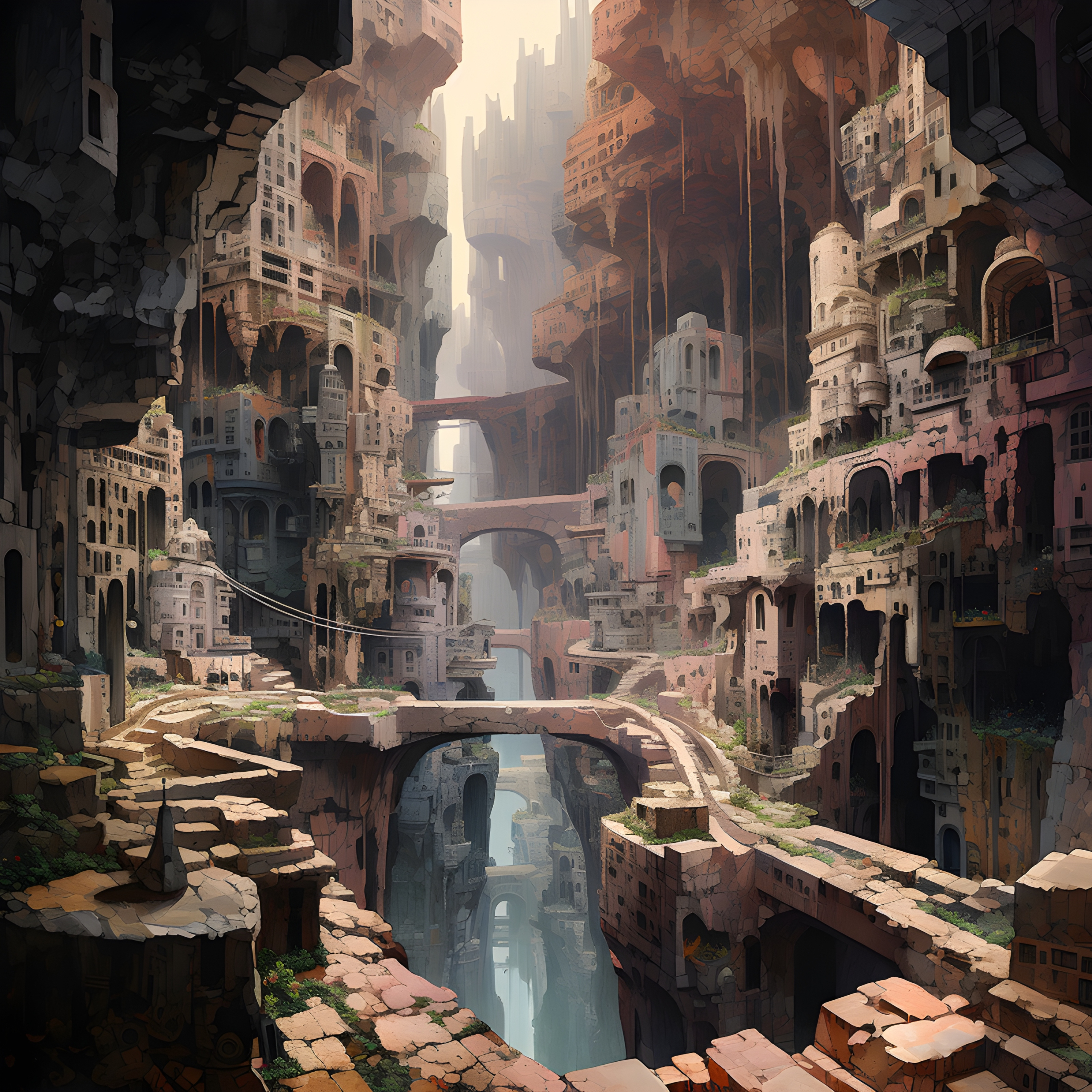 Concept art of a fantastic city carved into the walls of a cavern ...