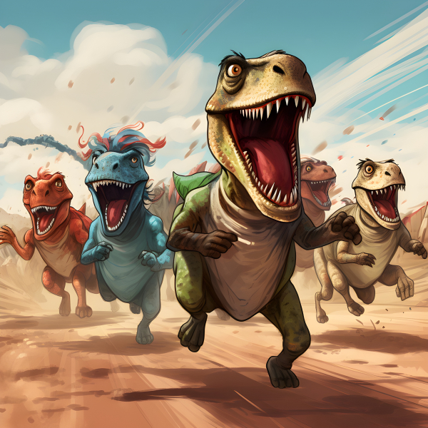 Cartoon T-Rexes running a race - Impossible Images - Unique stock ...