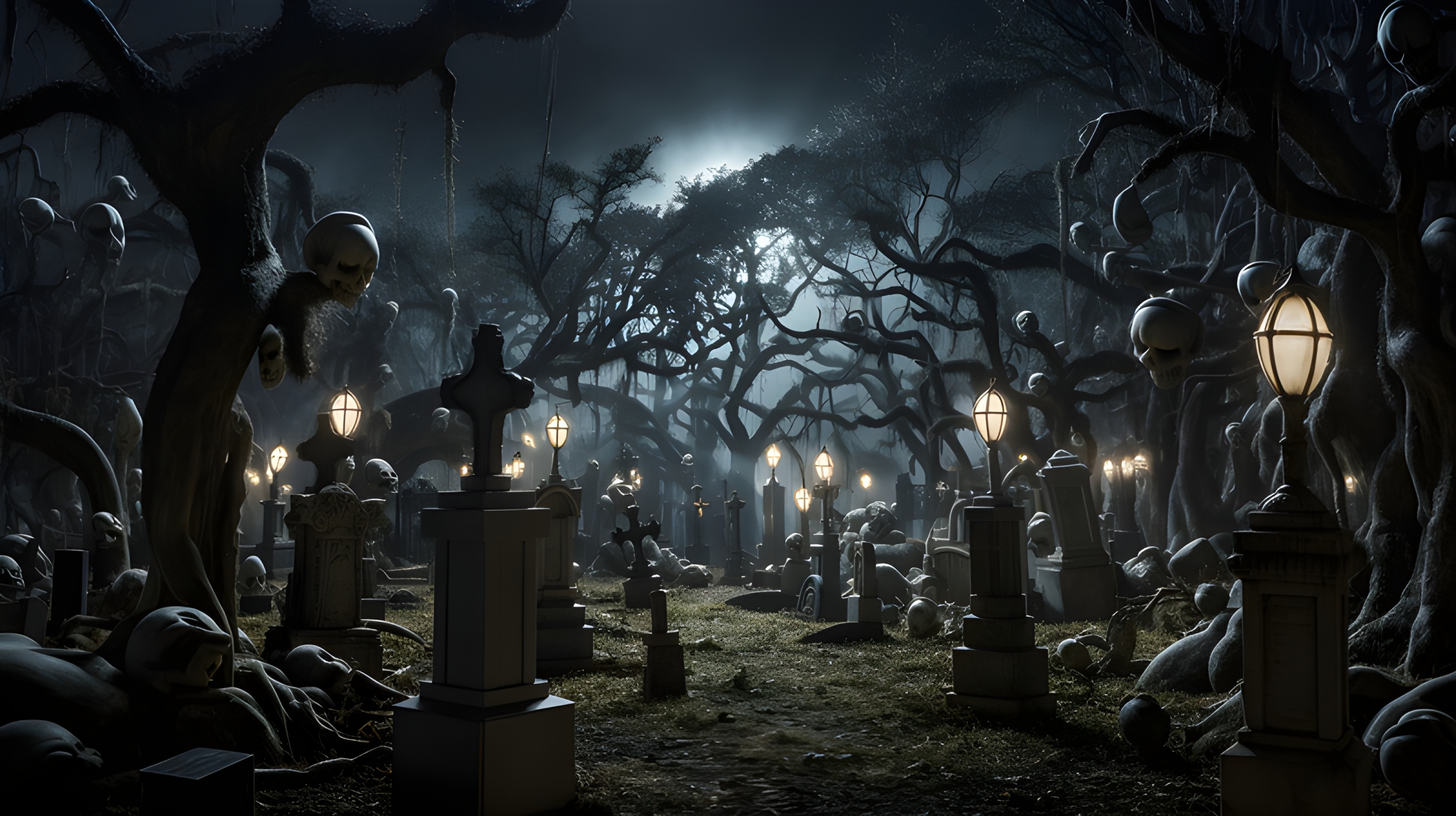 A spooky grave yard on Halloween night full of skulls