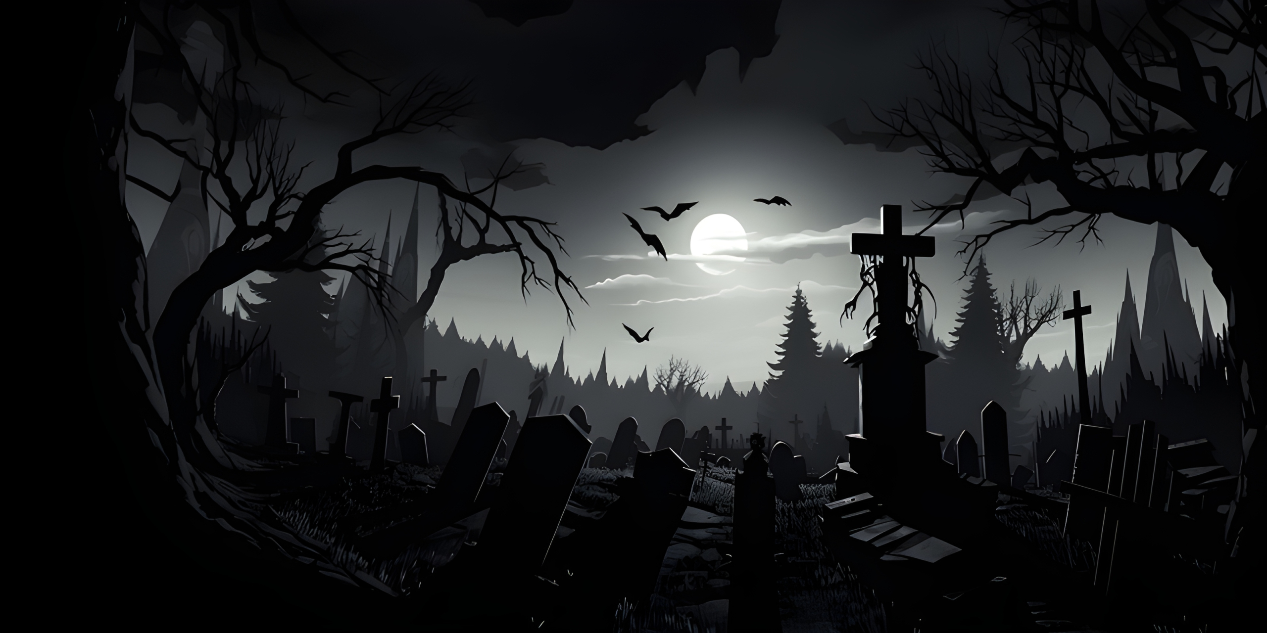 Spooky cemetery under a full moon at Halloween