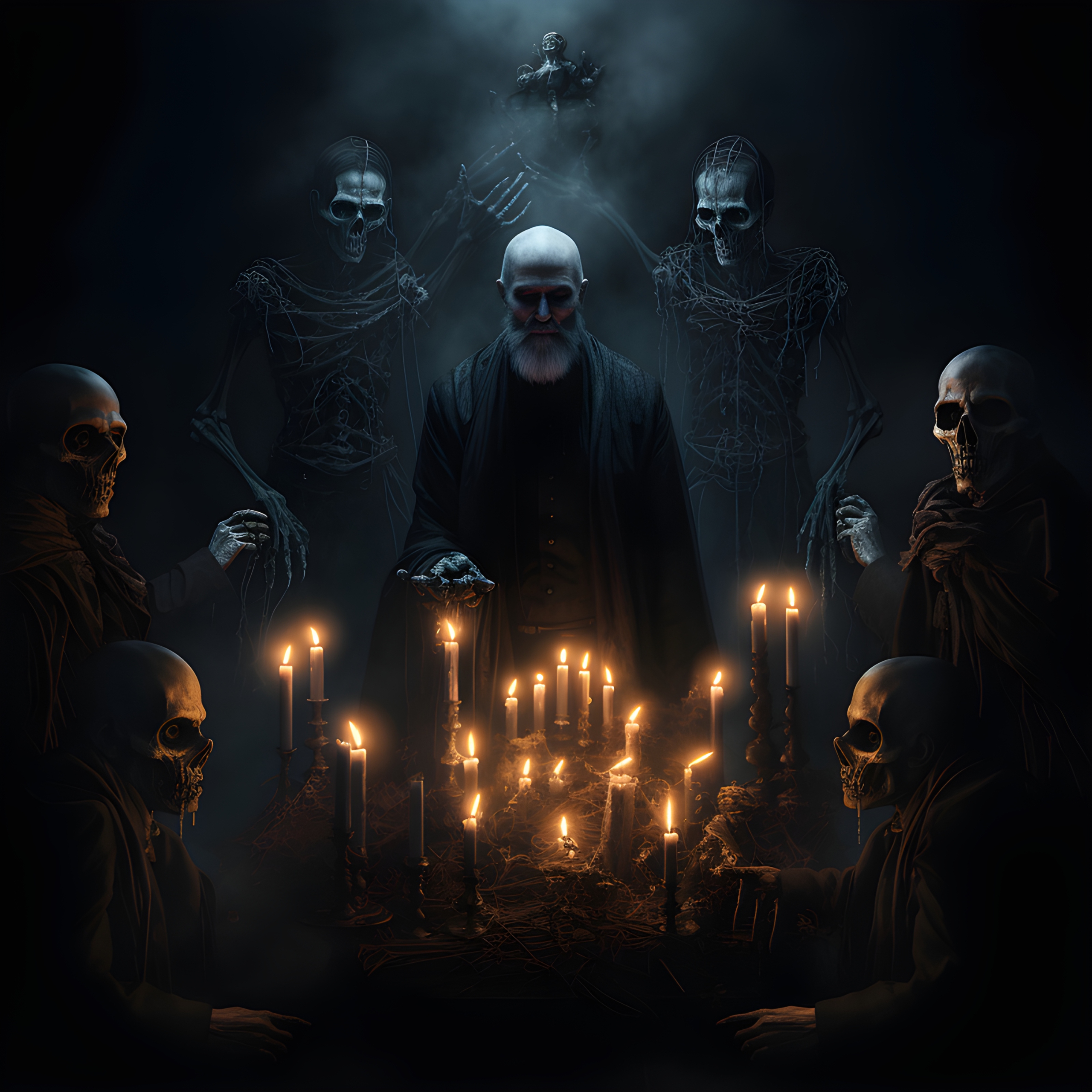 Halloween necromancer surrounded by spirits of the dead