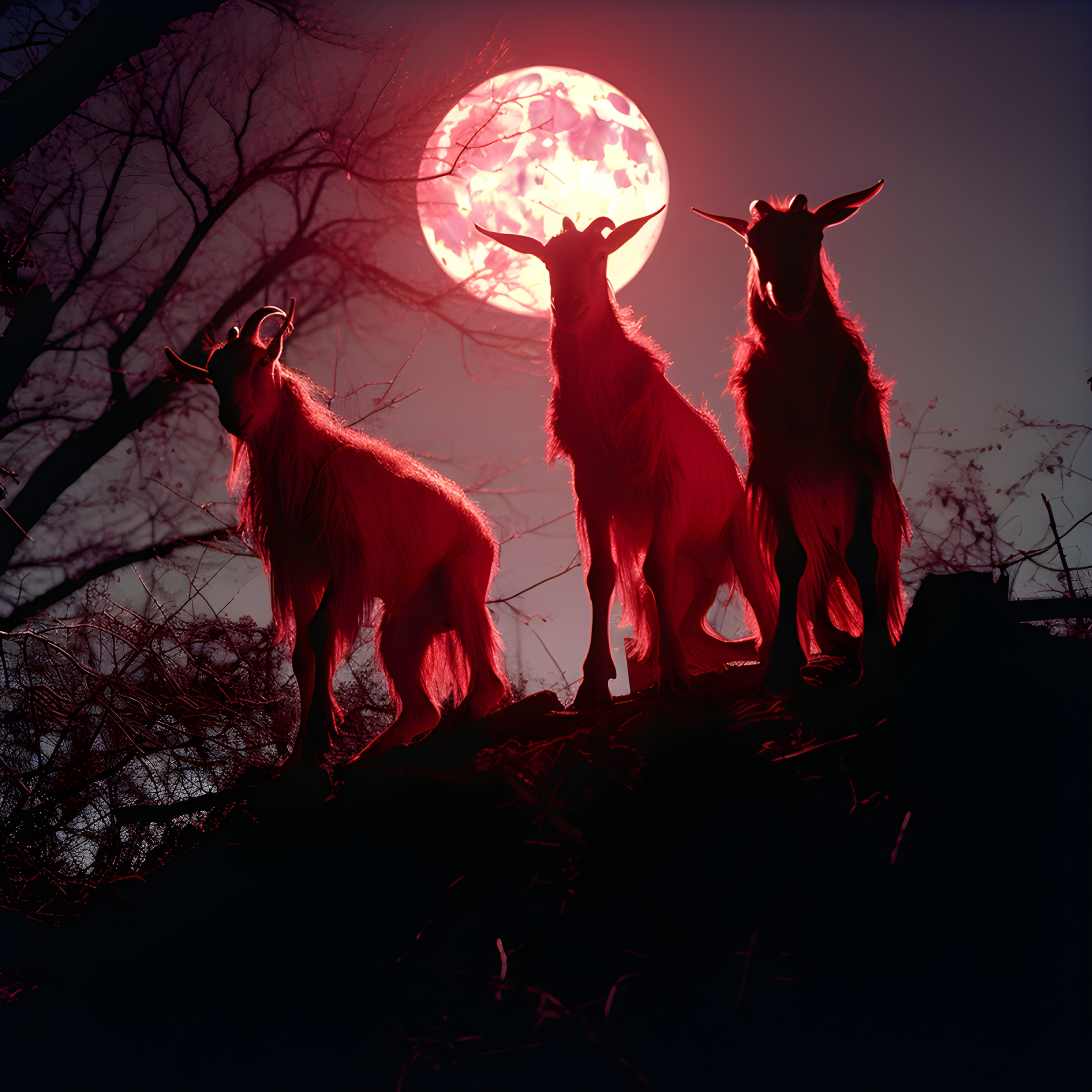 Satanic goats in the red glow of a Halloween full moon
