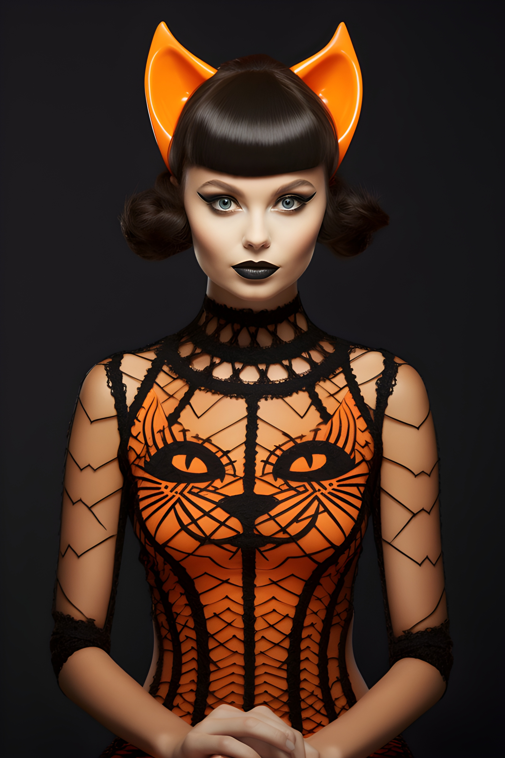 Beautiful cover model in Halloween cat-themed dress