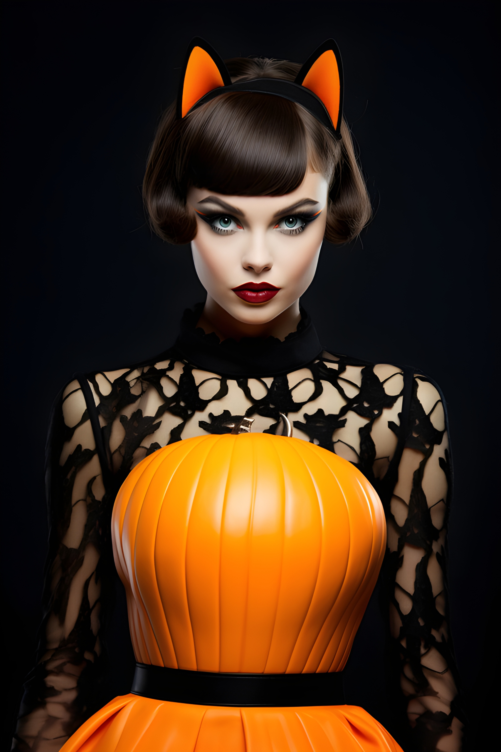 Beautiful cover model wearing cat ears in a Halloween pumpkin-themed dress