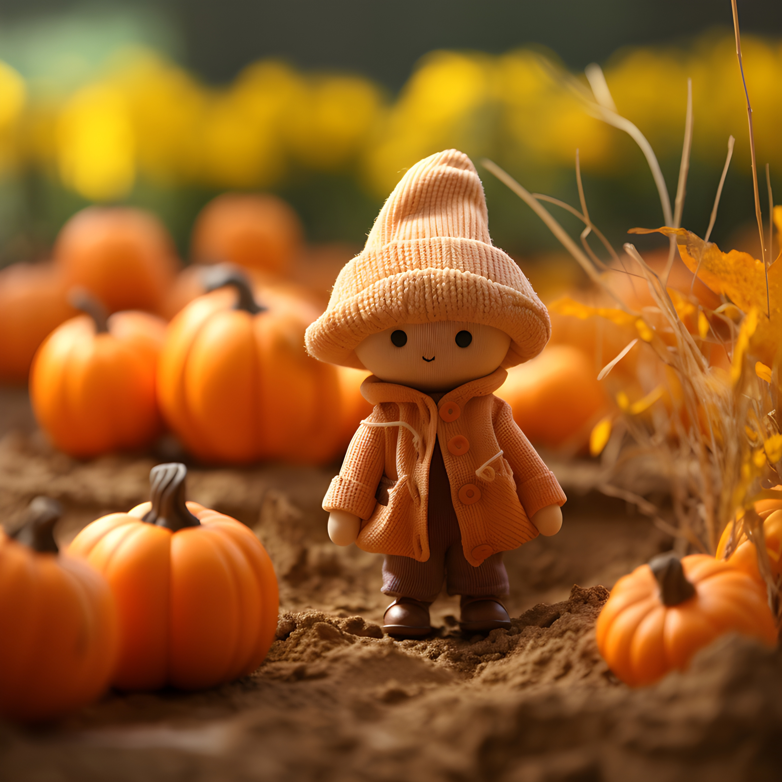 Miniature wool character pumpkin picking ready for Halloween