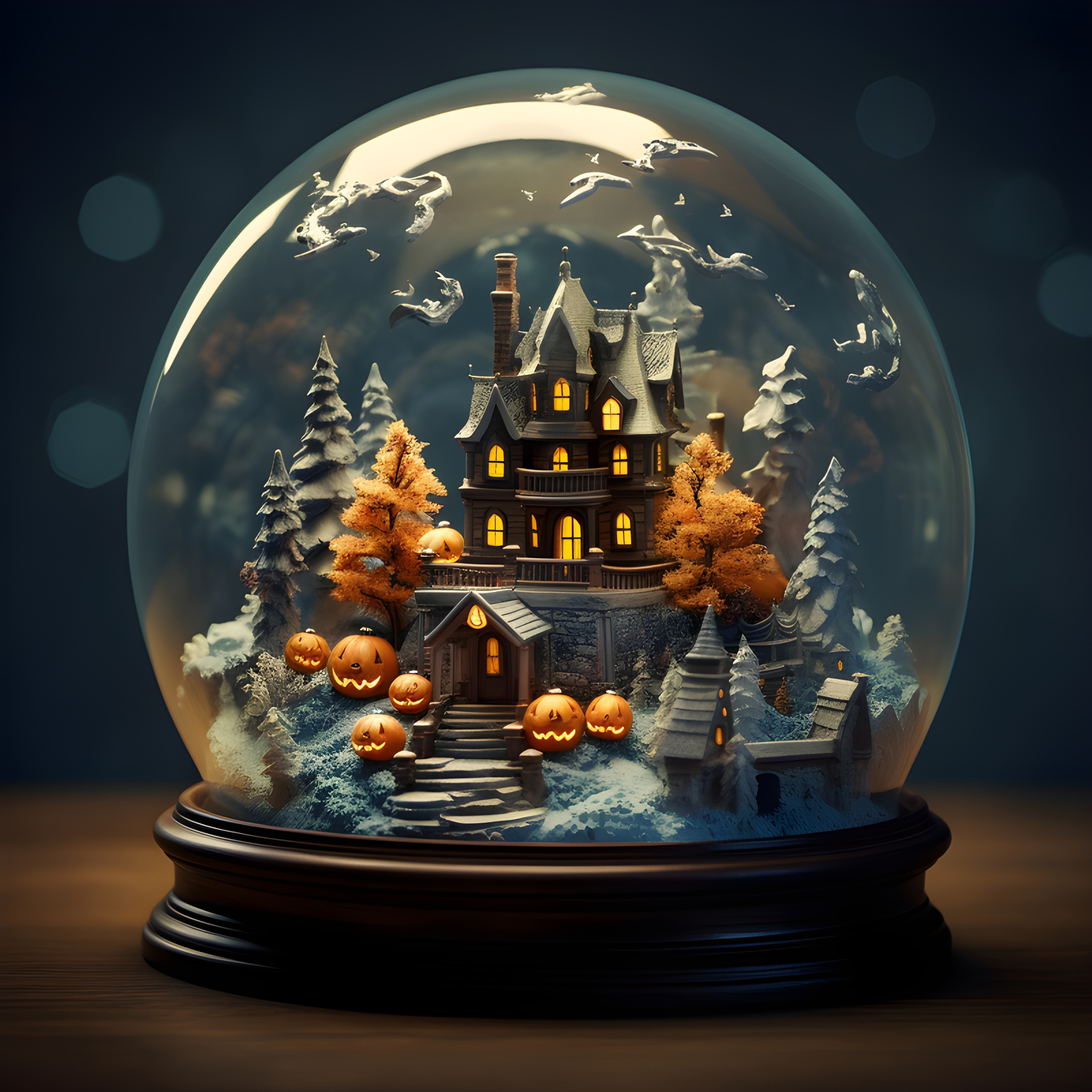 A Halloween haunted house in a snowglobe