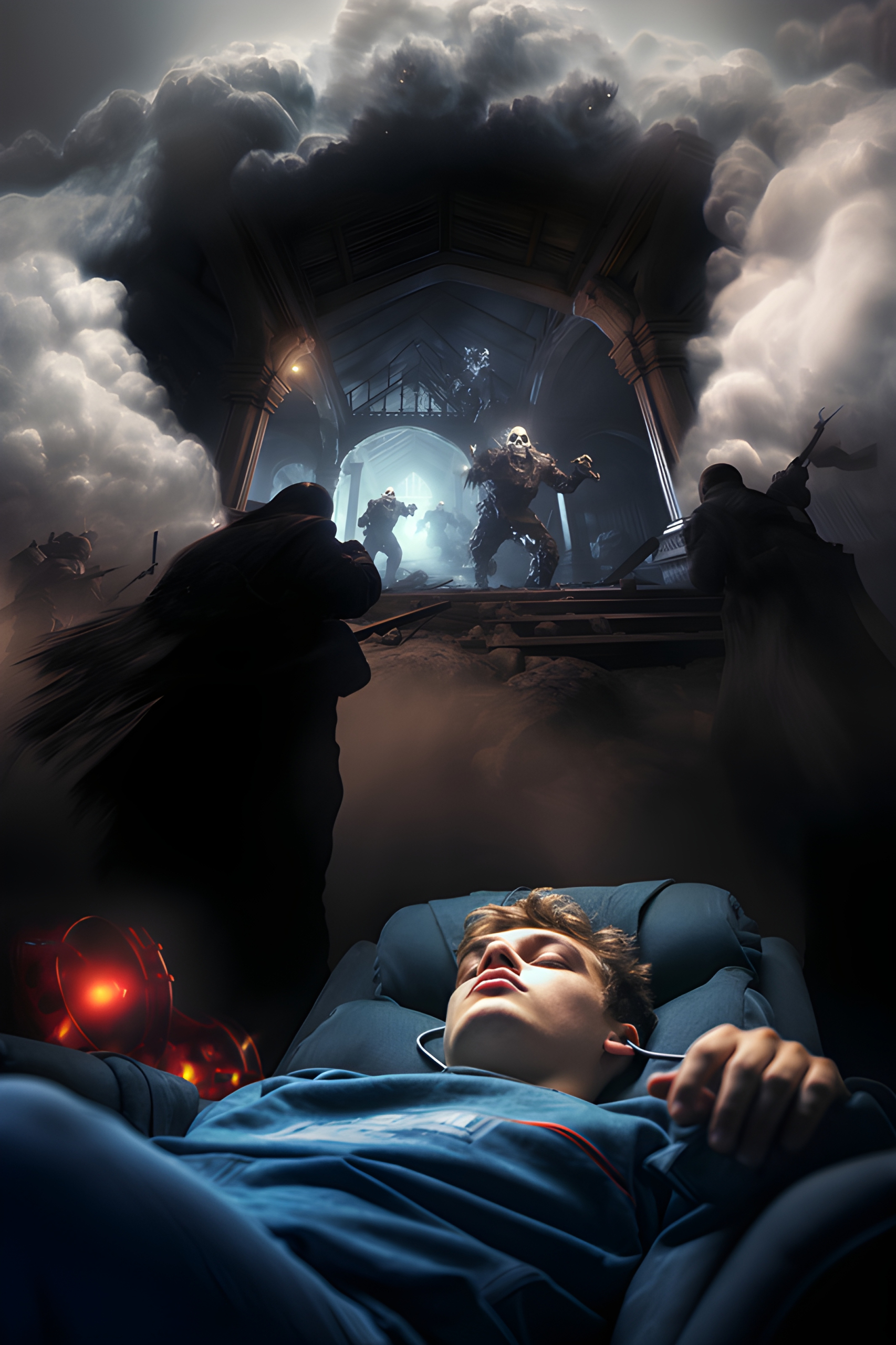 Teenage gamer asleep in his chair dreaming about a spooky Halloween video game