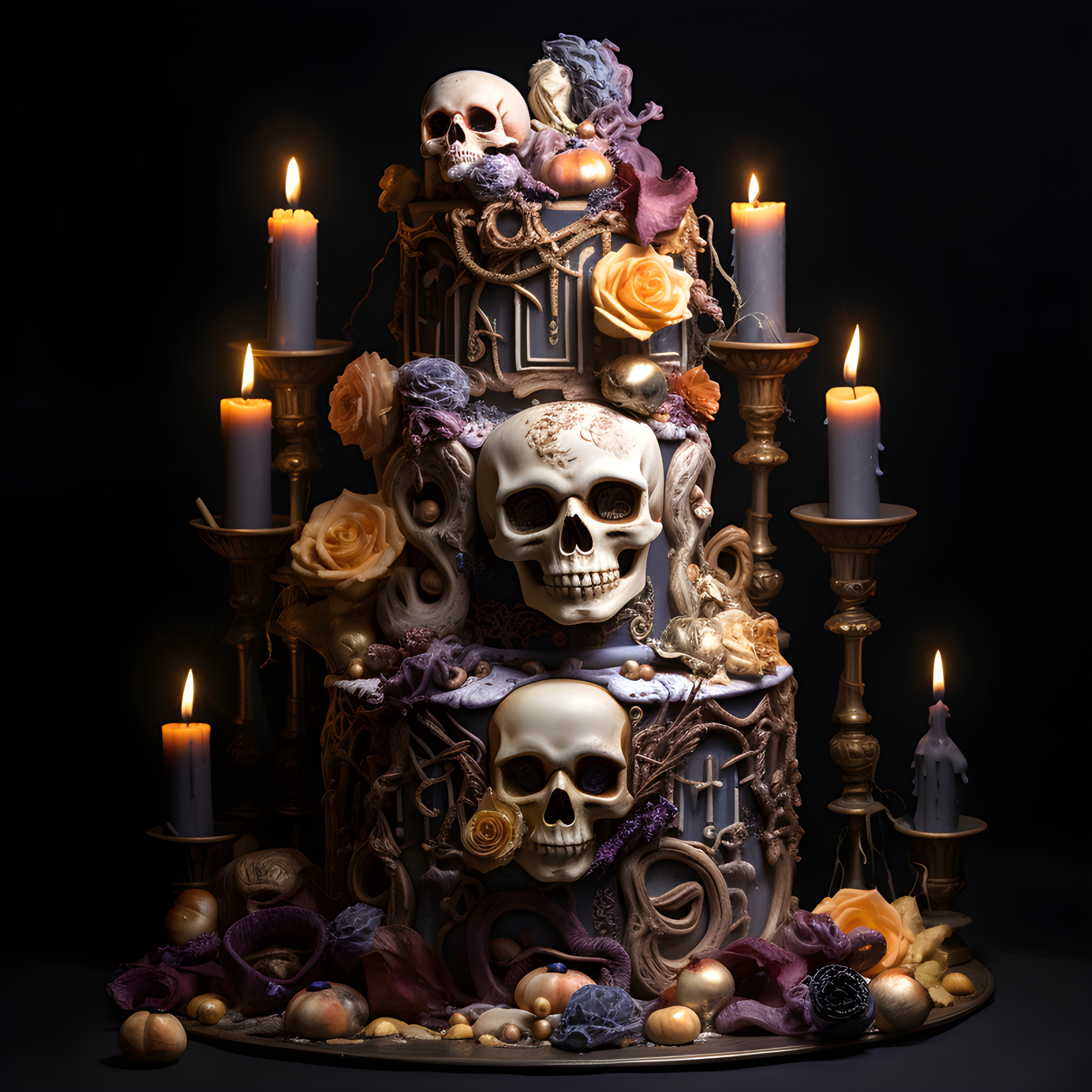 Ornate Halloween cake with candles and skulls