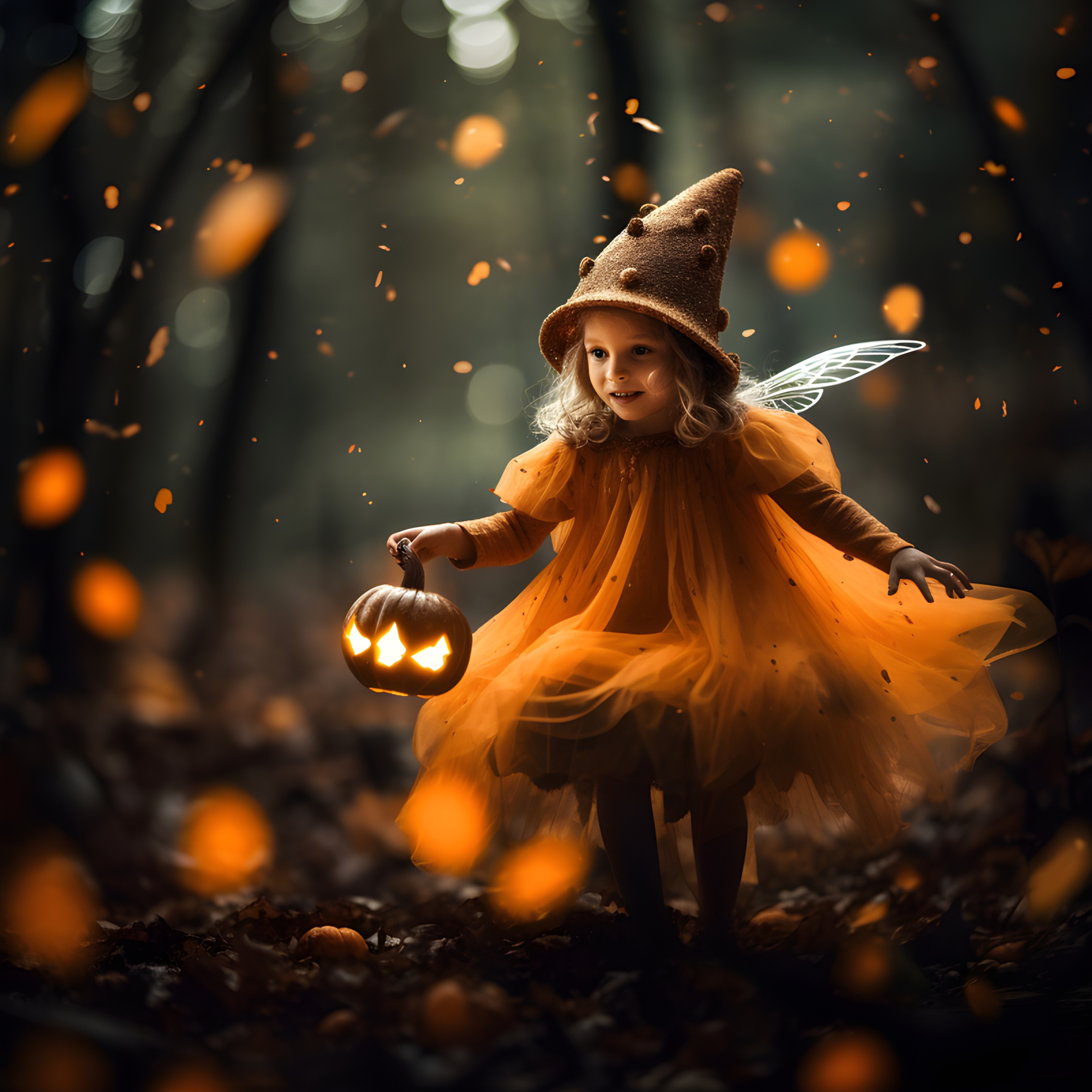 Little girl in a fairy Halloween costume walks through the forest with a pumkin lantern
