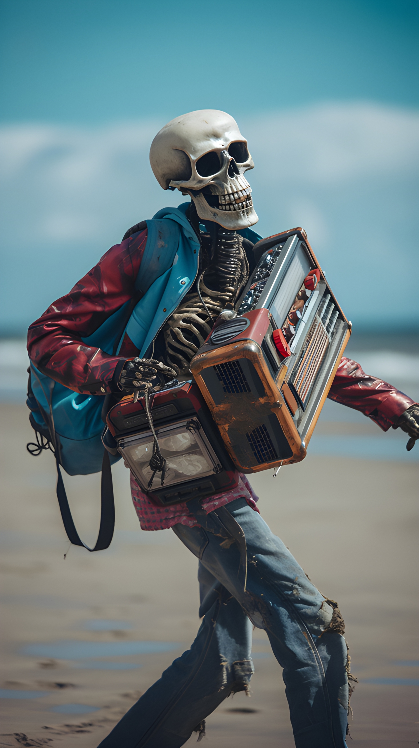 Skeleton and his belongs booming out halloween music
