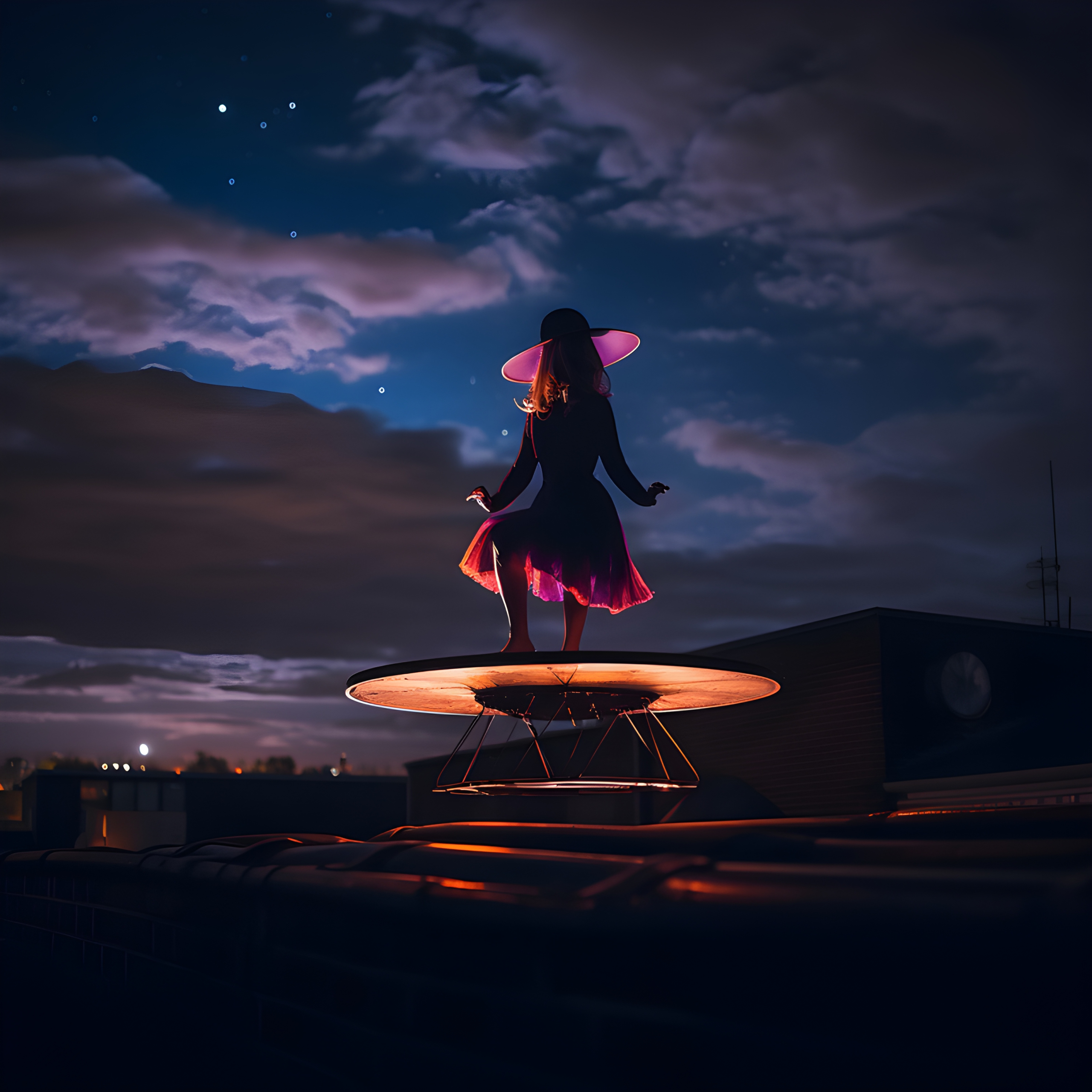 Alien halloween witch landing on her flying saucer