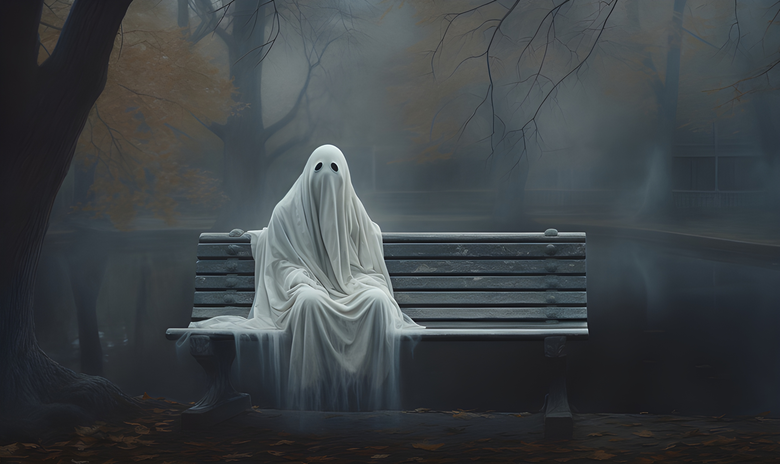 Halloween: A ghost sat all alone on a park bench