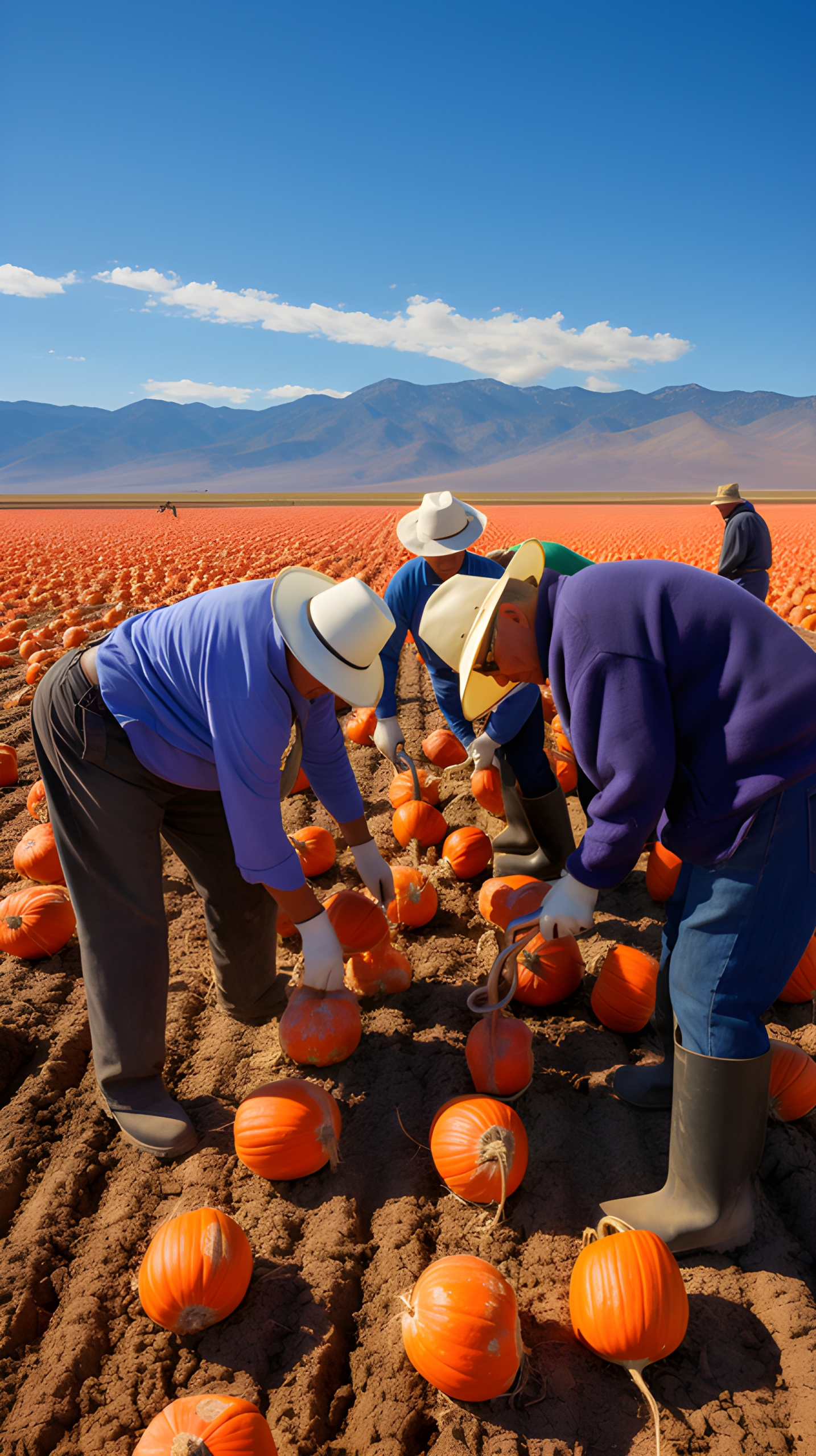 Pumpkin farmers in a huge field of pumpkins
