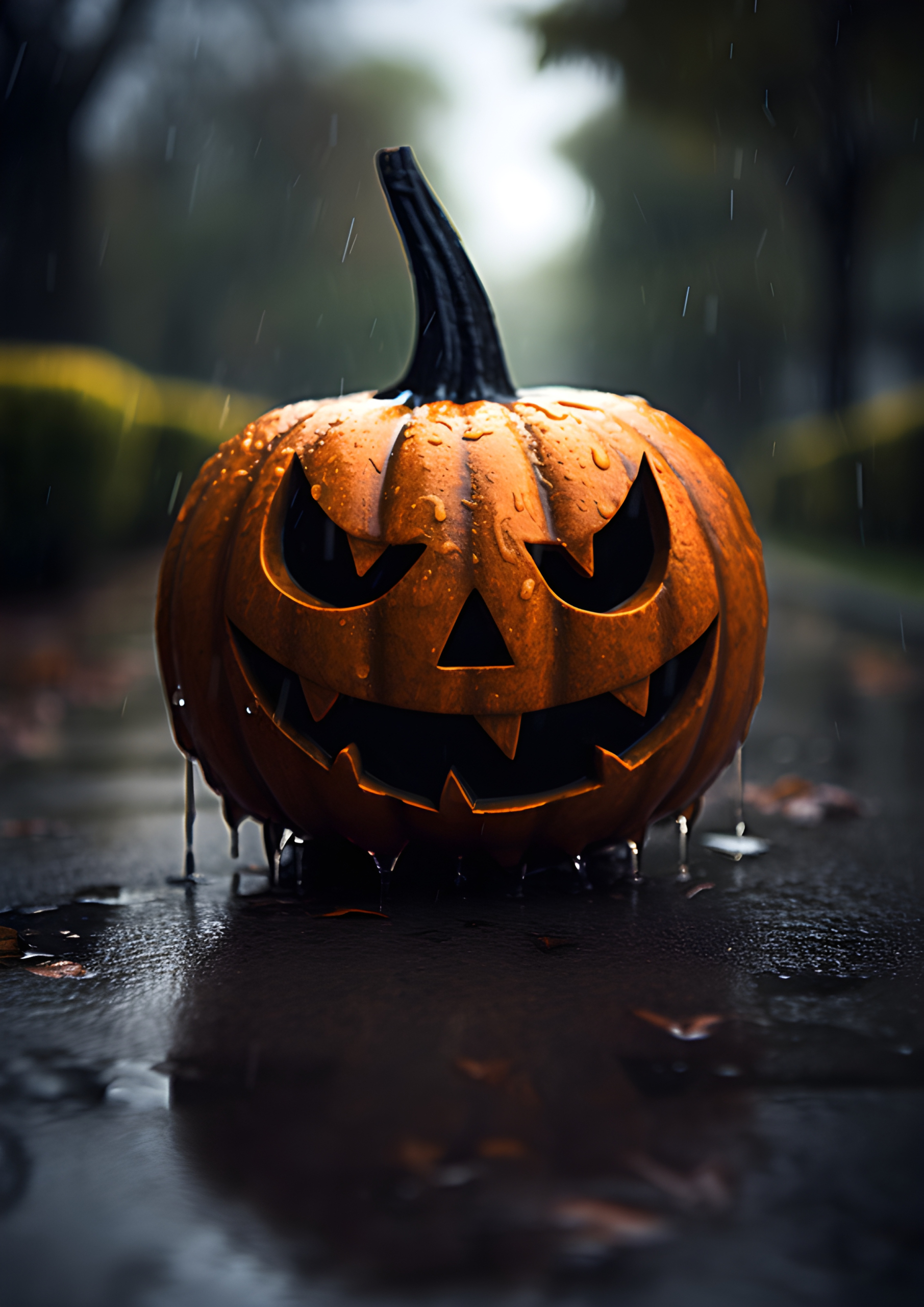Single evil looking pumpkin on a path in the rain
