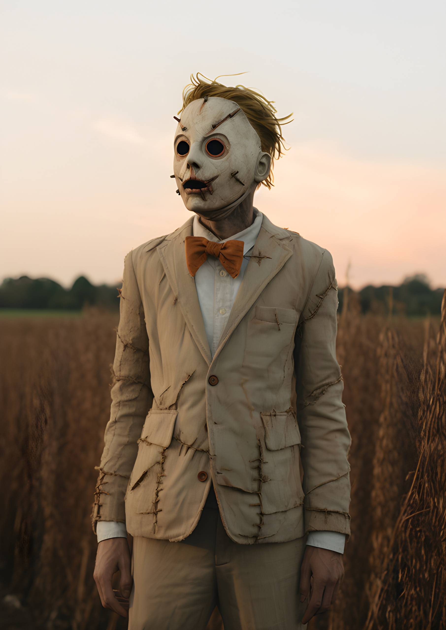 Sinister halloween figure in a field of wheat