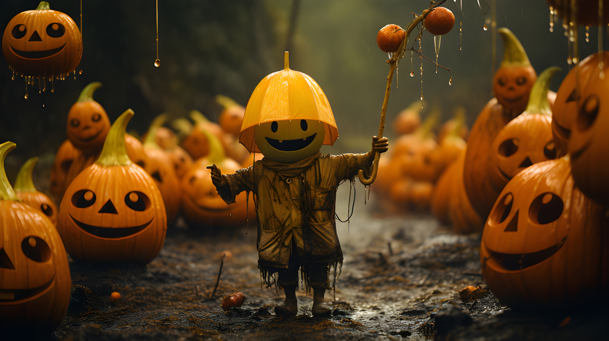 Friendly little halloween creature with happy pumpkins