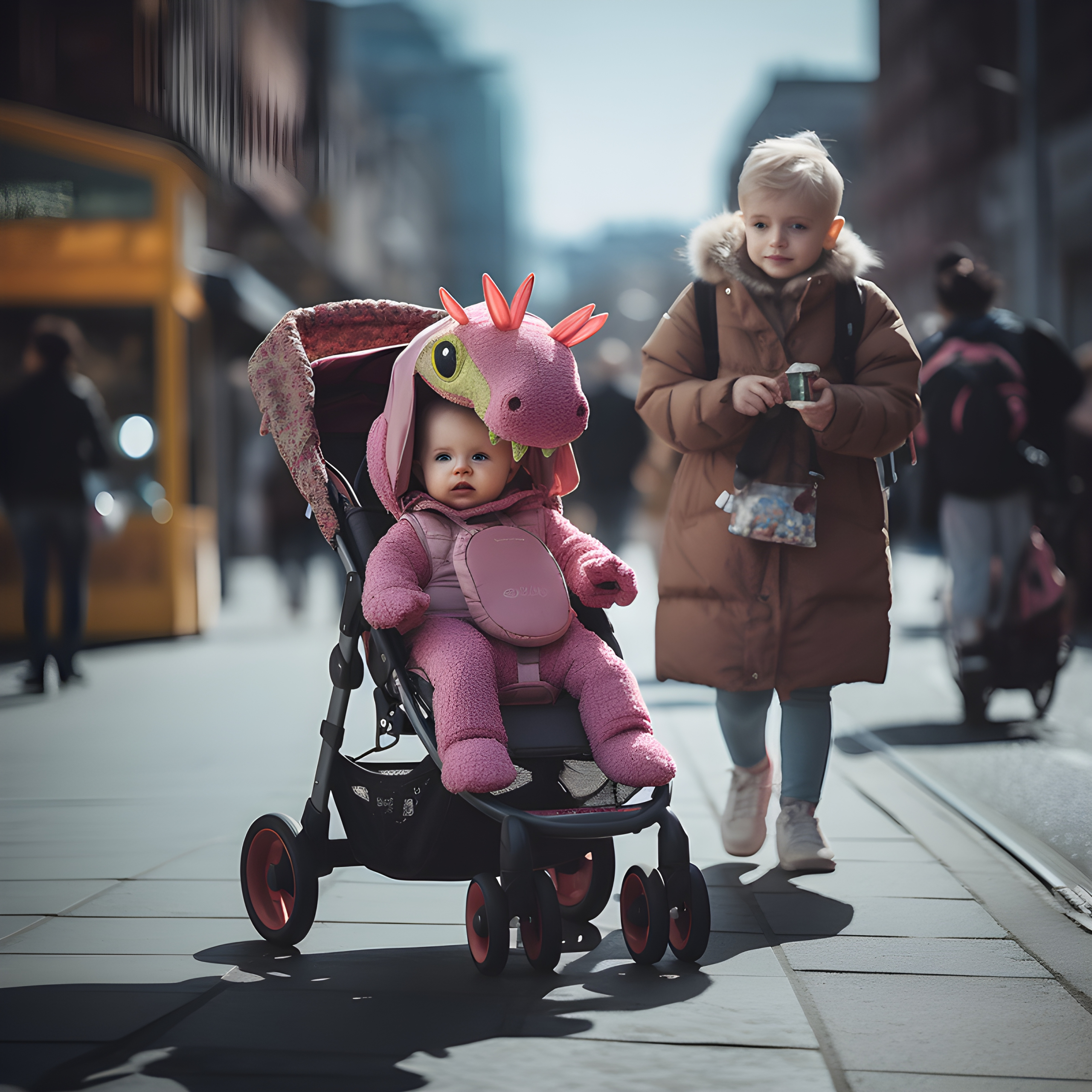 Baby in a dinosaur outfit with a baby adult walking past
