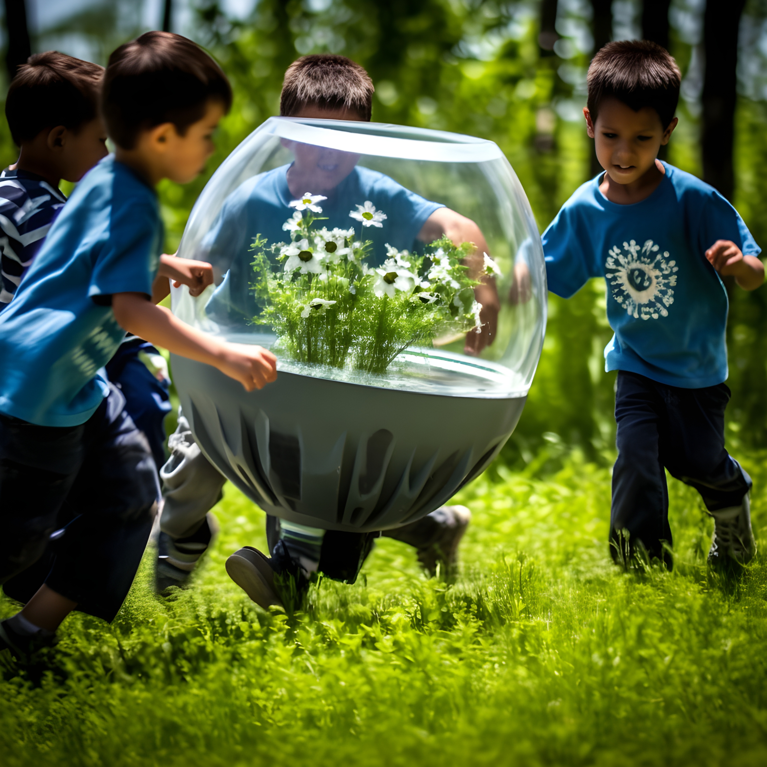 Children playing with a floating pod growing flowers