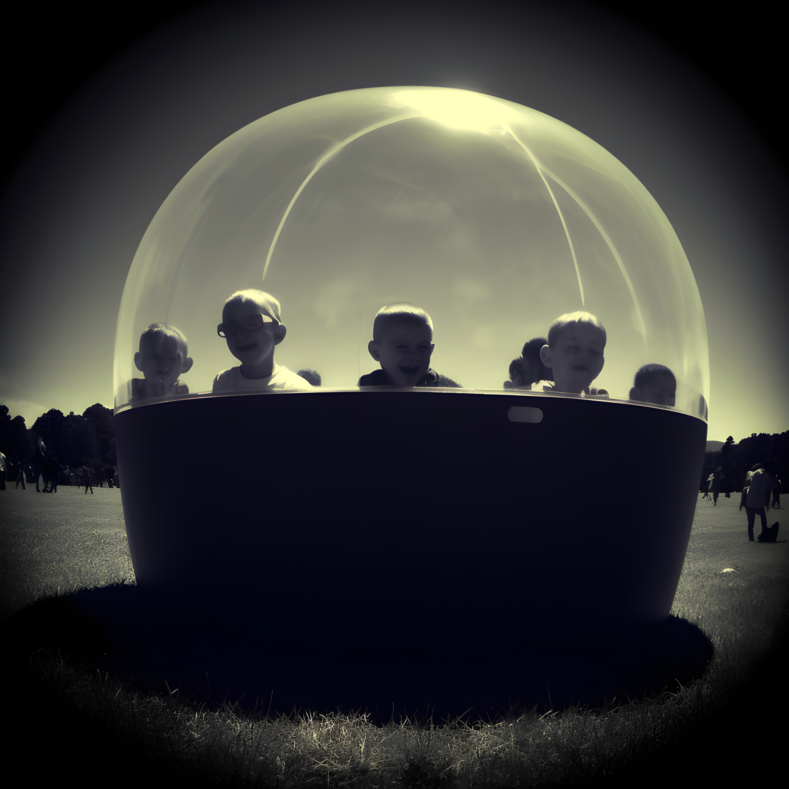 Children in a fish bowl on a field