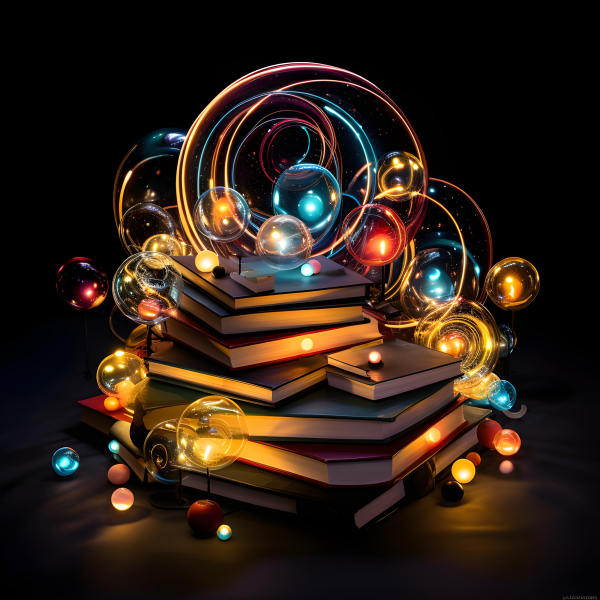 Stack of books with orbits of light - Impossible Images - Unique stock ...