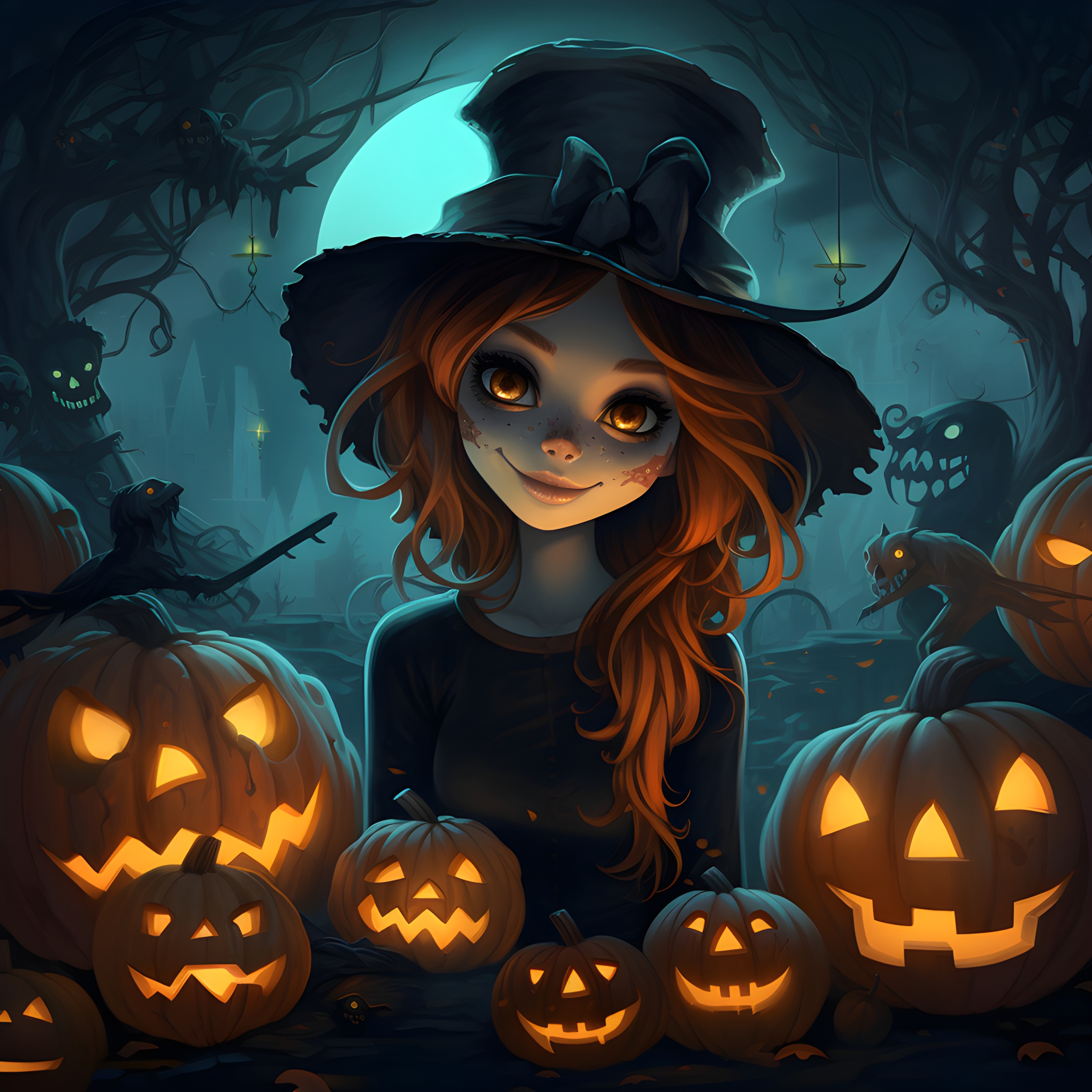 Cartoon halloween girl surrounded by her pumpkin friends