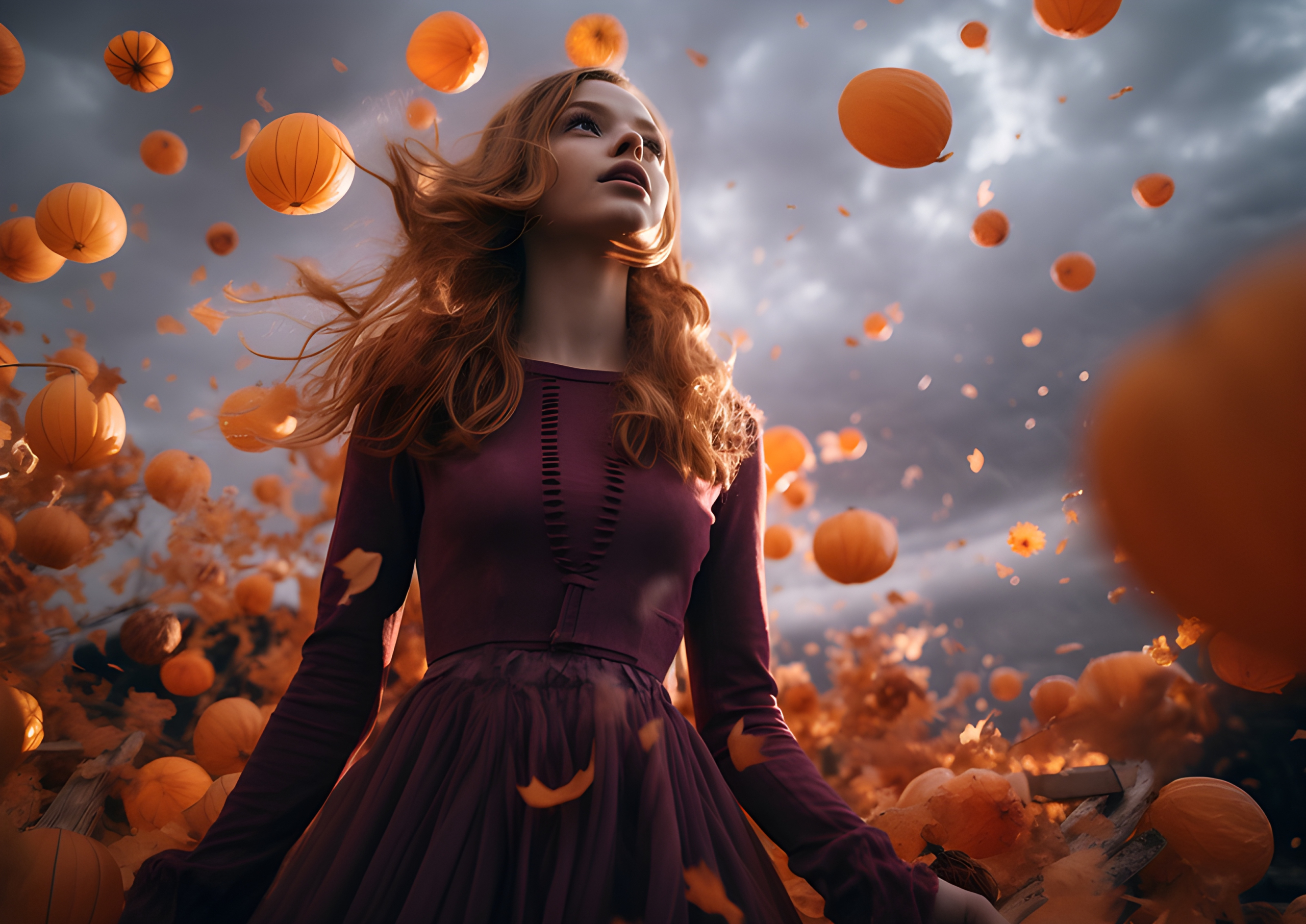 Girl in a field of floating pumpkins