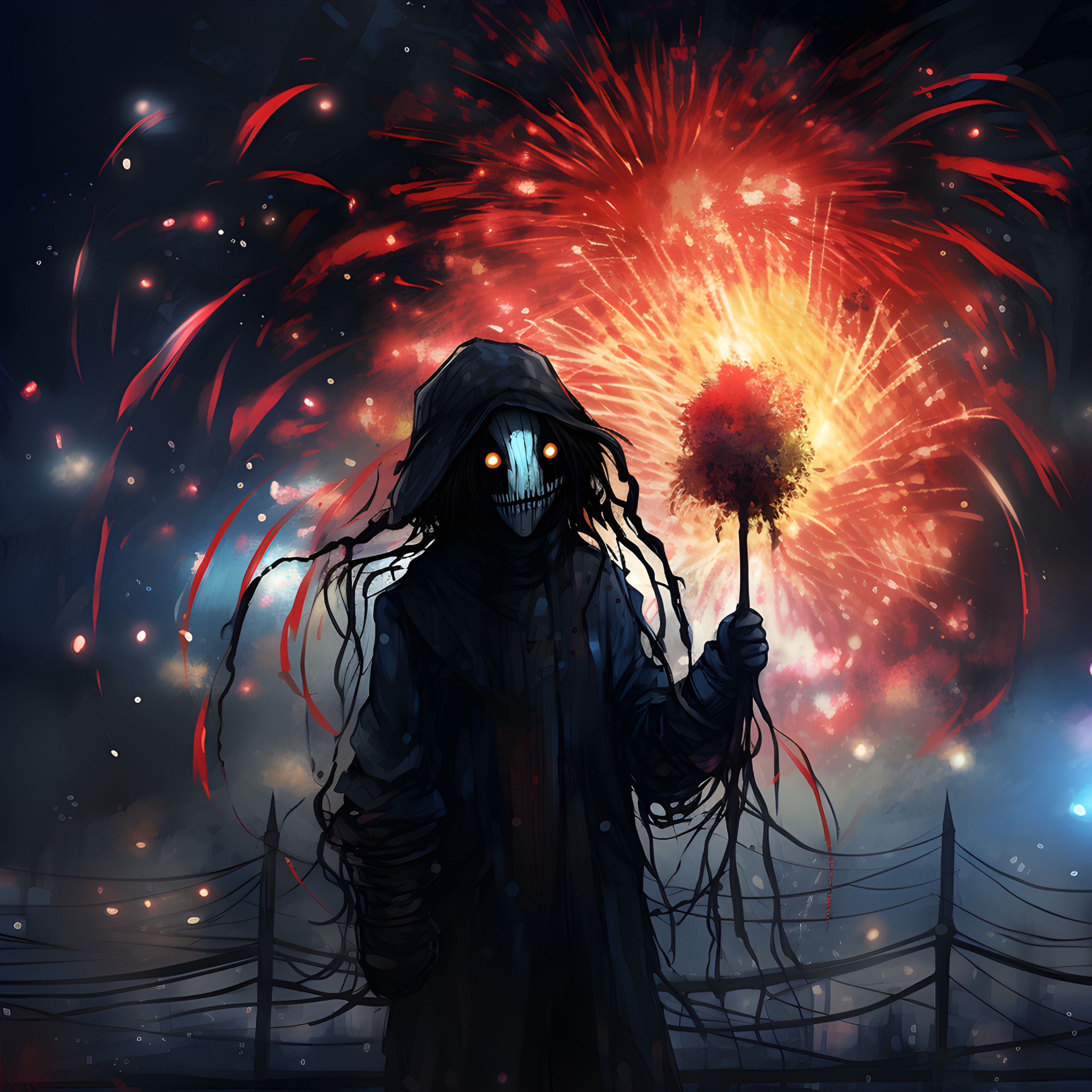 Creepy character on bonfire night illustration
