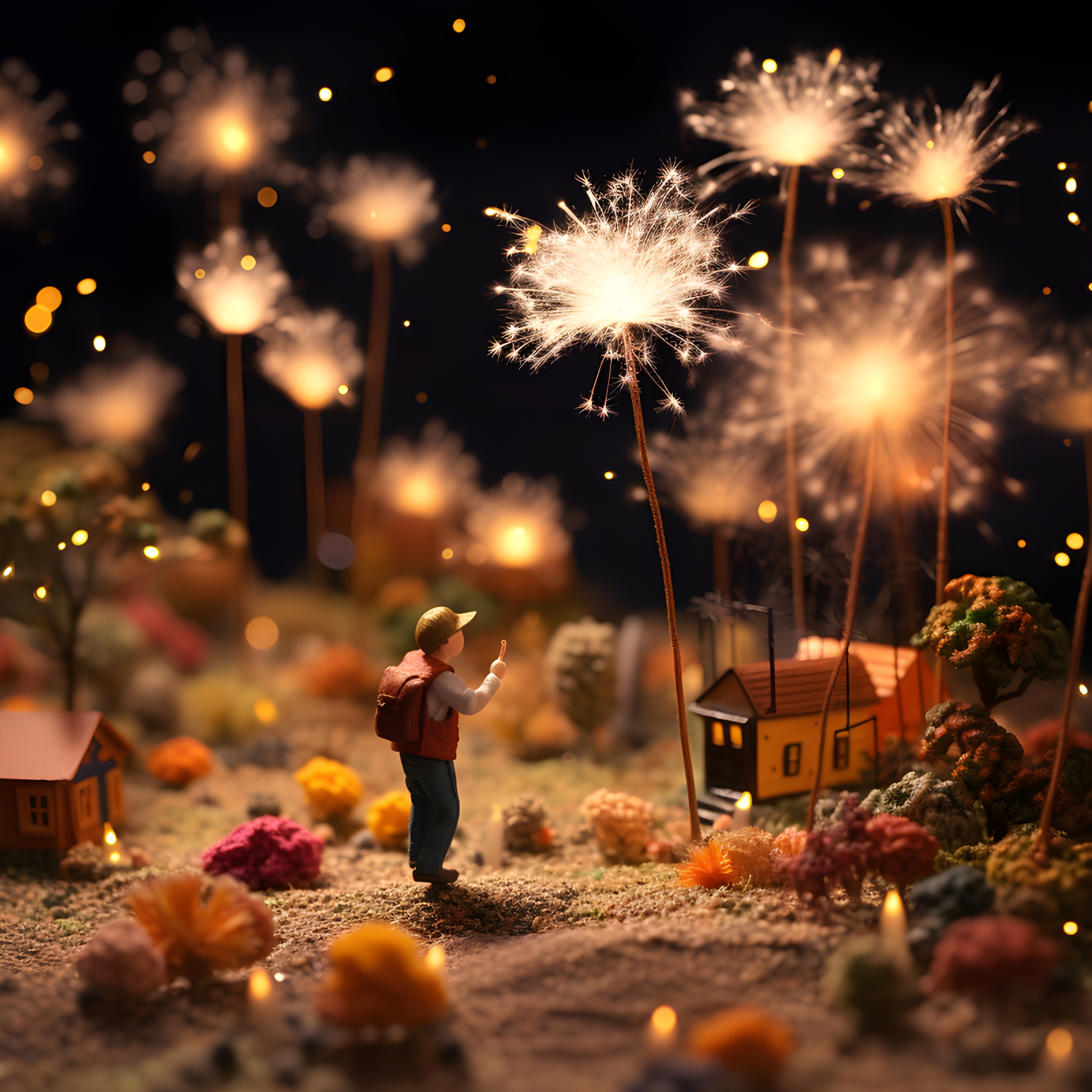 Felt character watching a fire work display