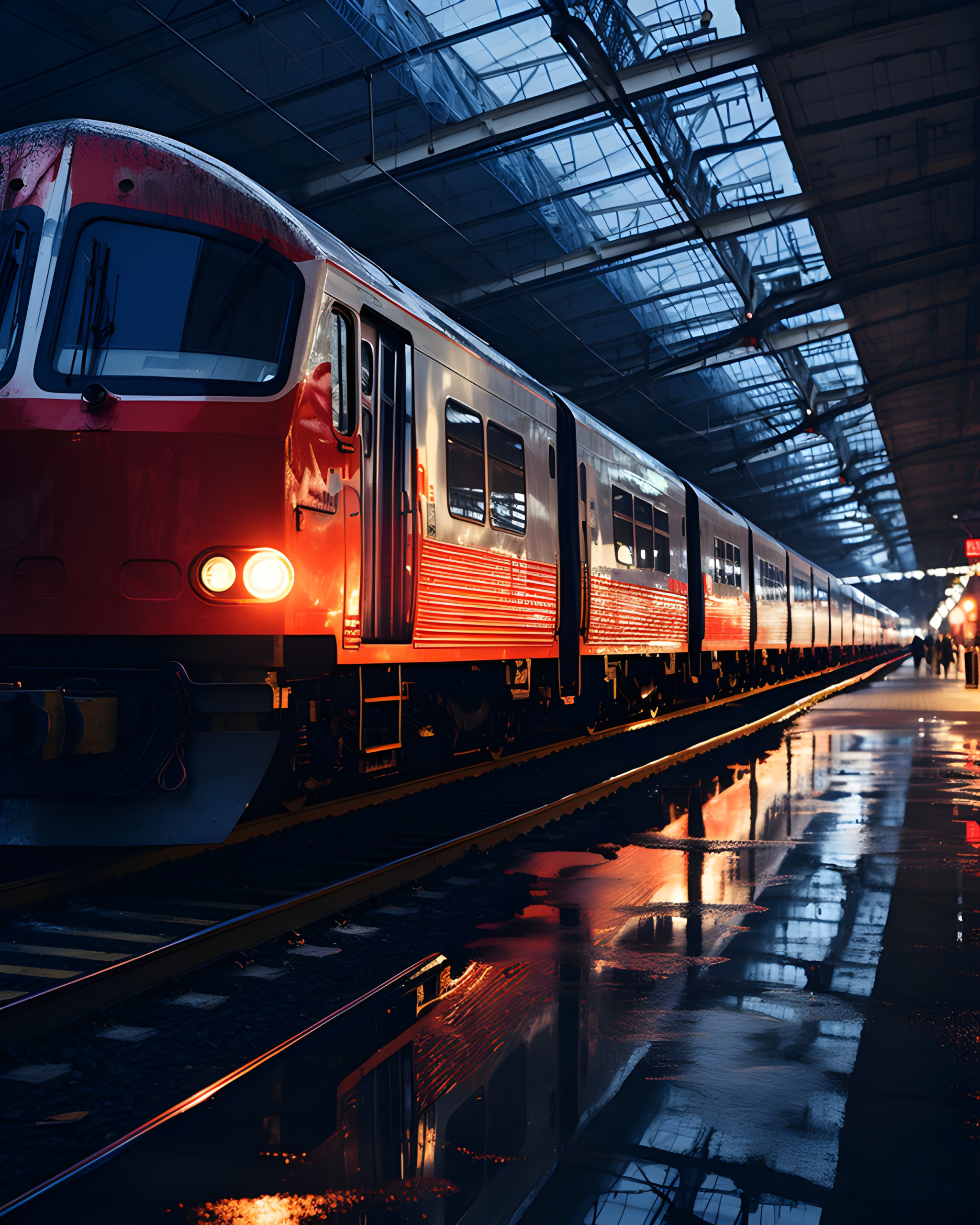 A train docked at station at night