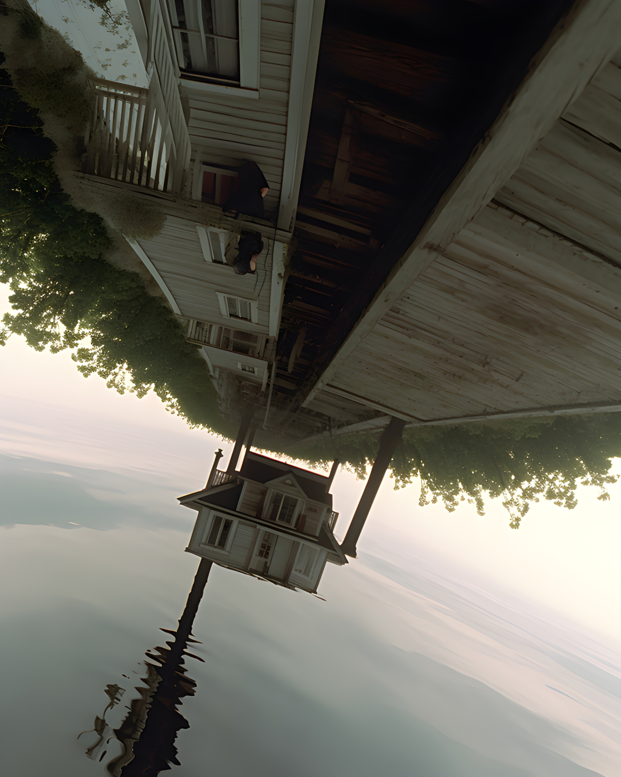 An upside-down country house over the river