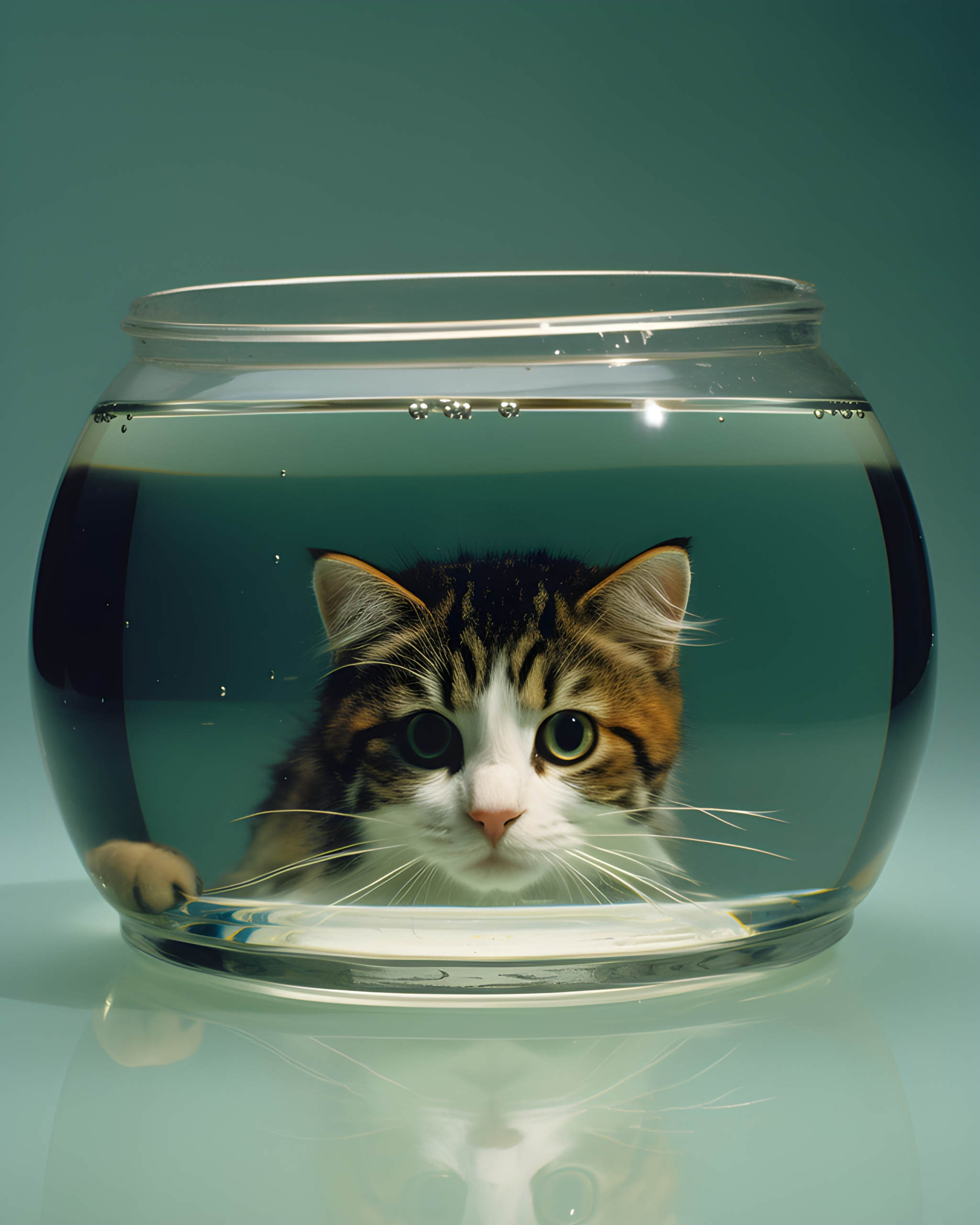 A cat peering in a fishbowl