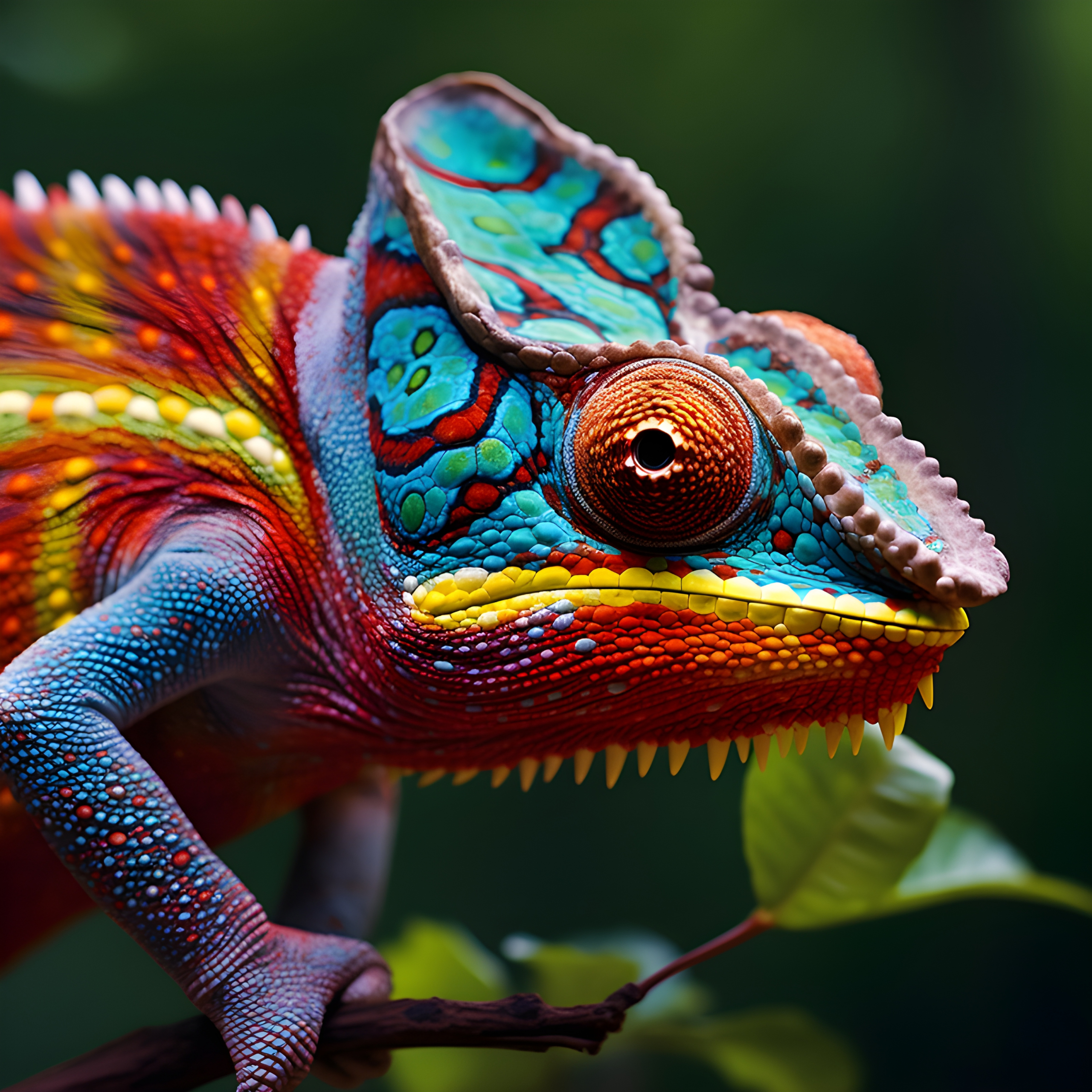 A macro shot of a colorful chameleon blending into its surroundings.