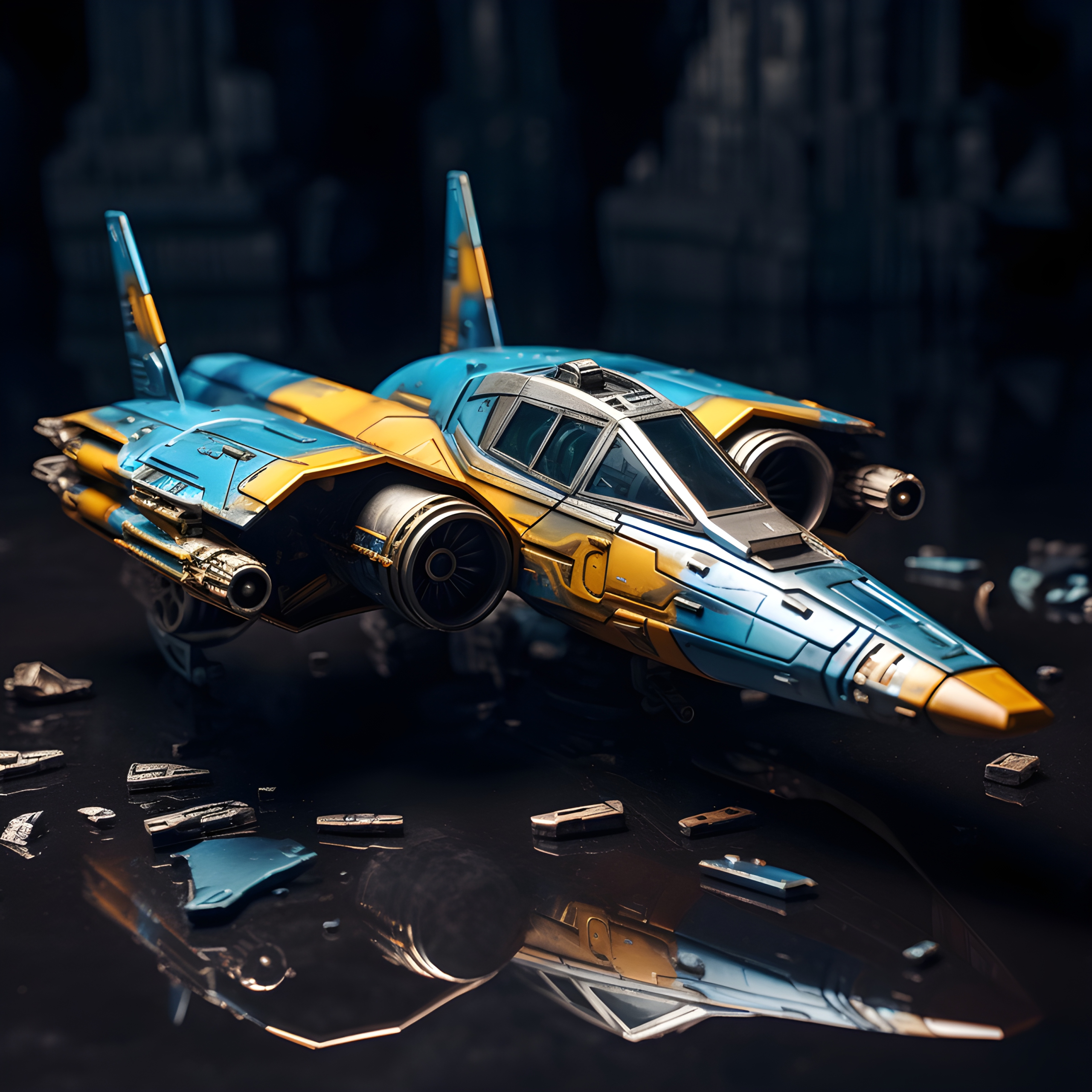 Blue and gold model of a starfighter