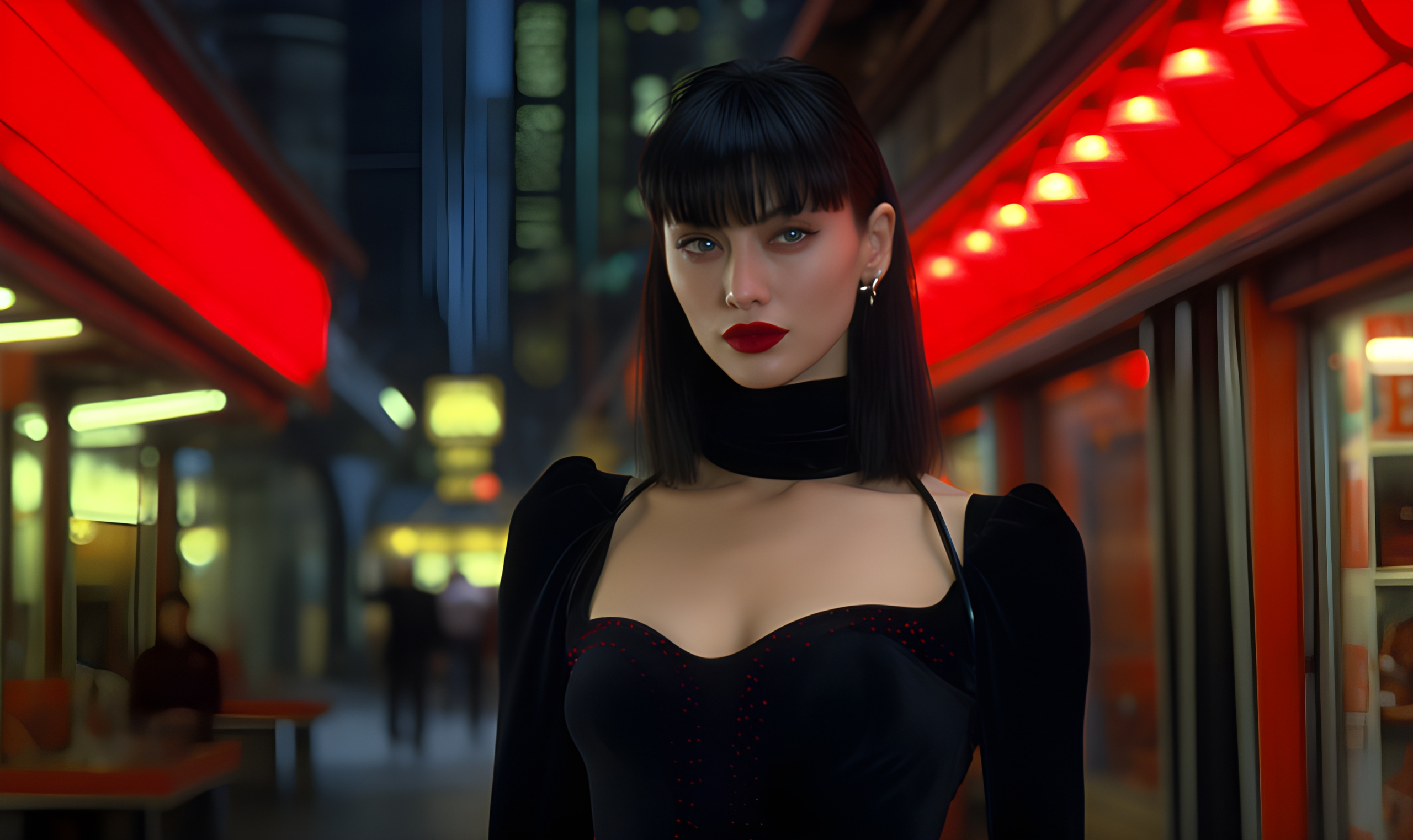 A woman dressed in all black in a futuristic city
