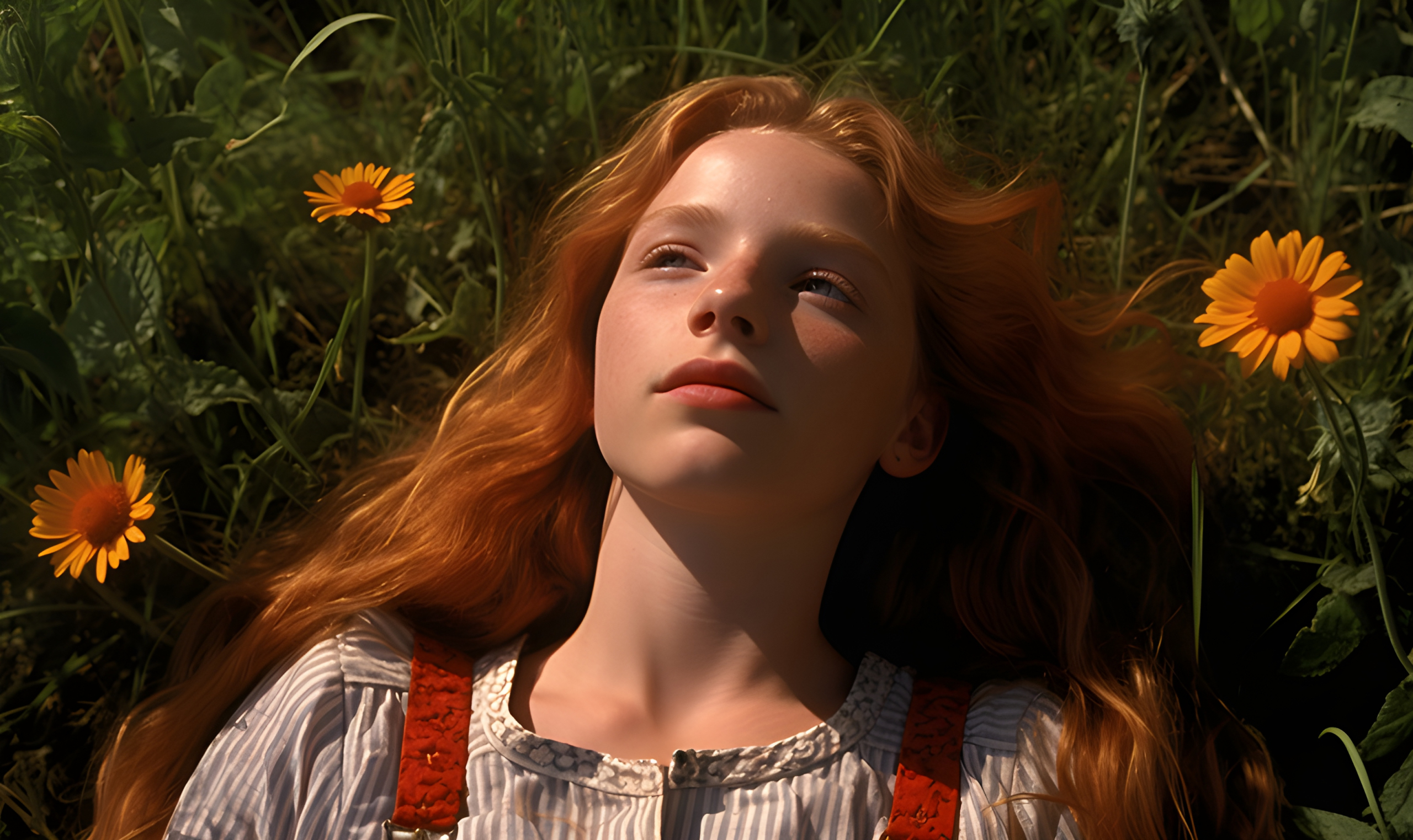 Lying in a field with flowers