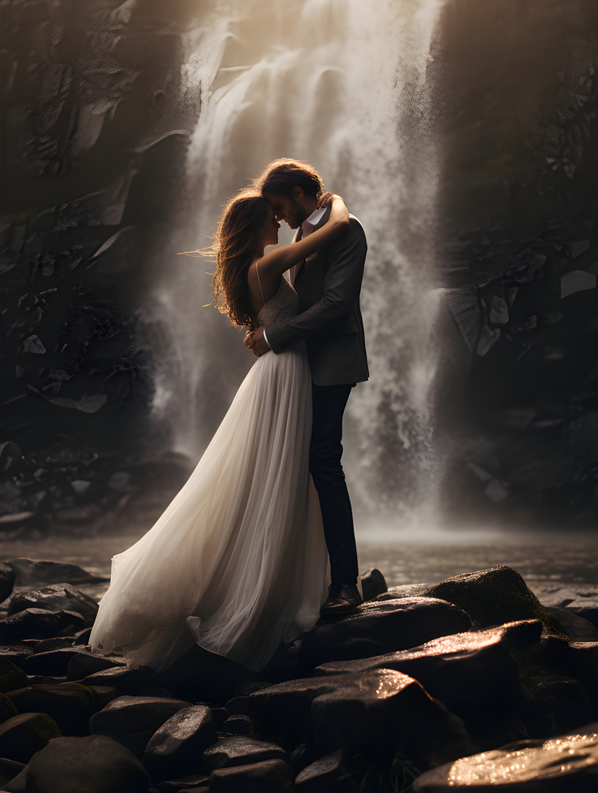 A bride and groom near a waterfall