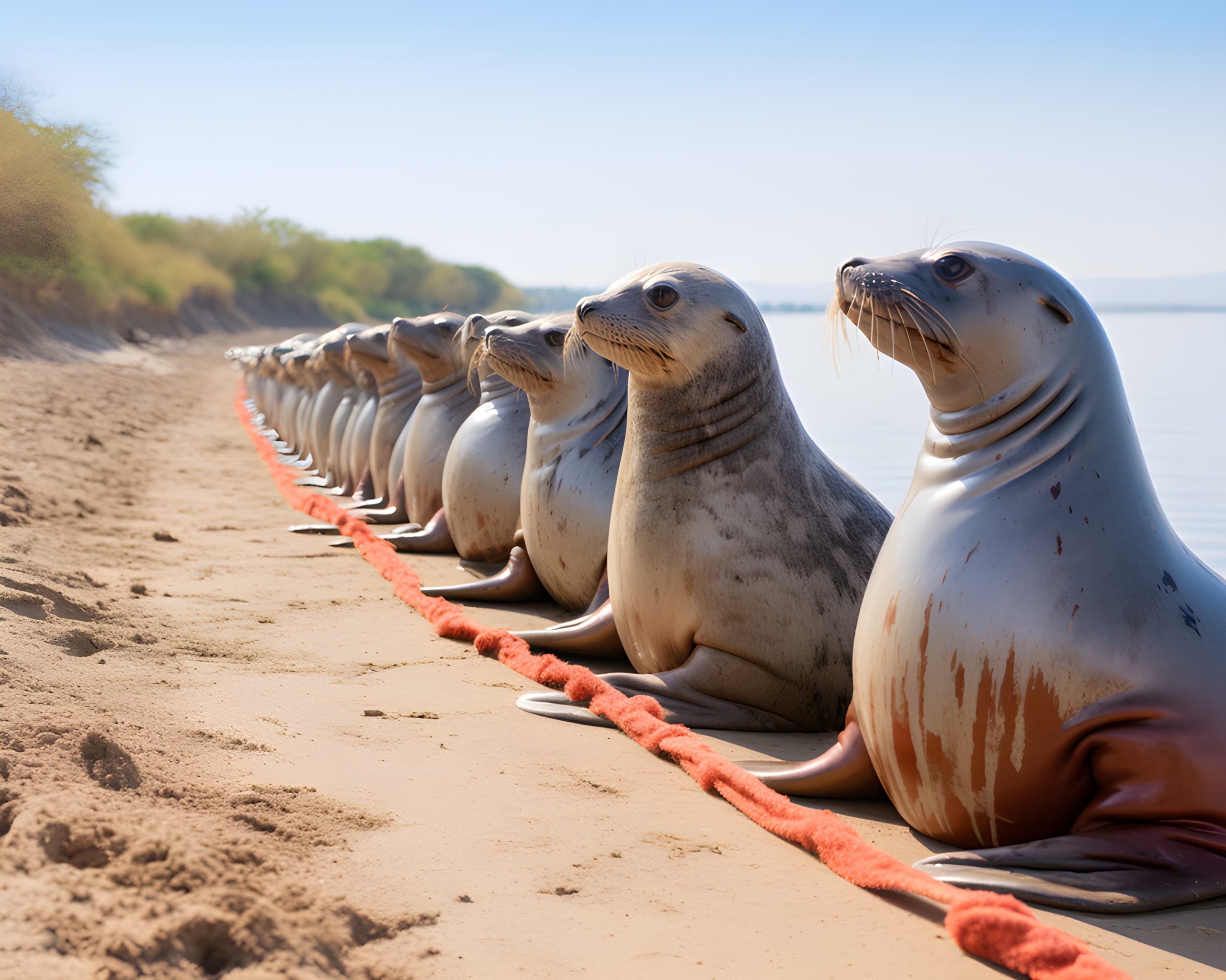 A line of seals on the beach