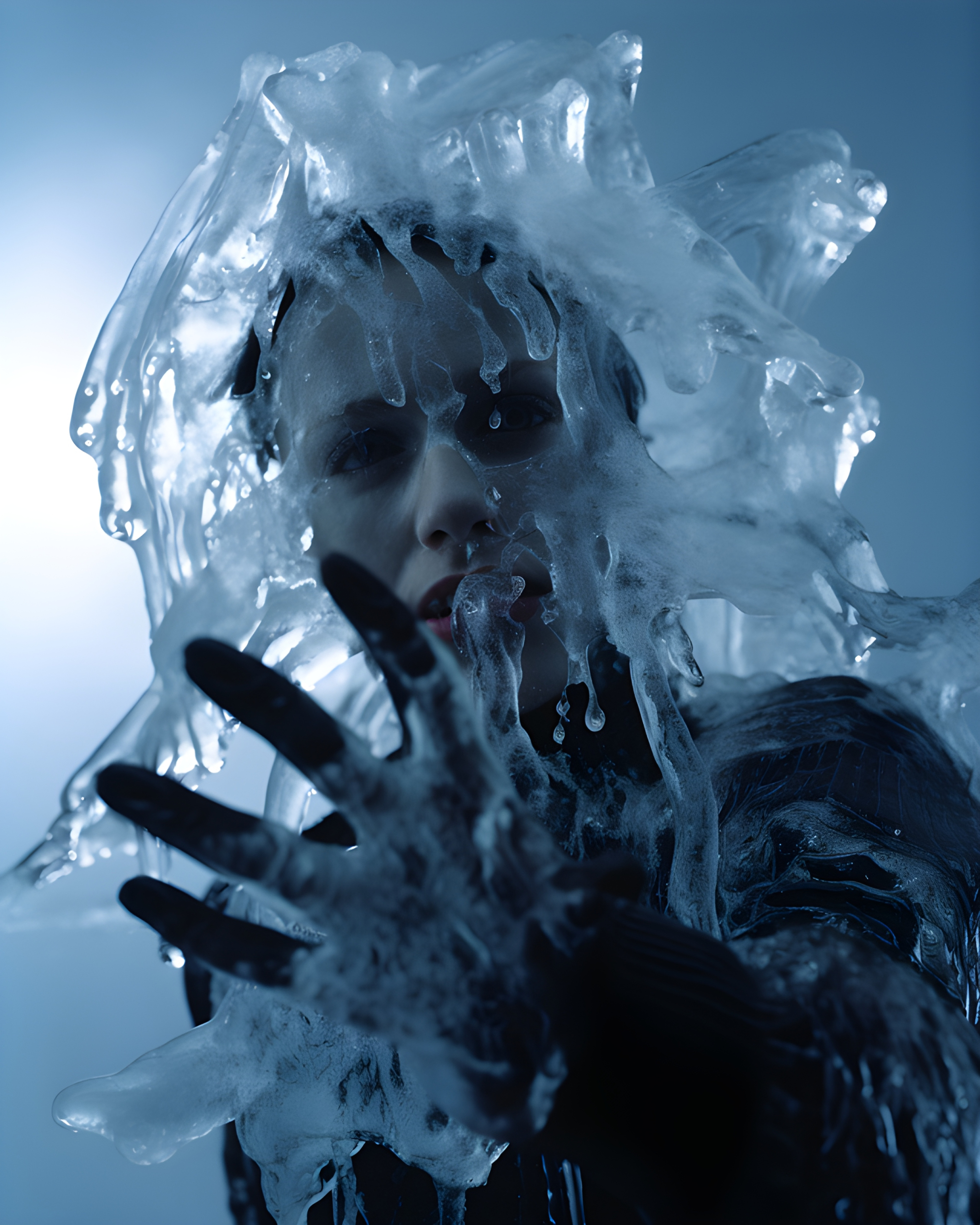 A woman growing ice from her skin