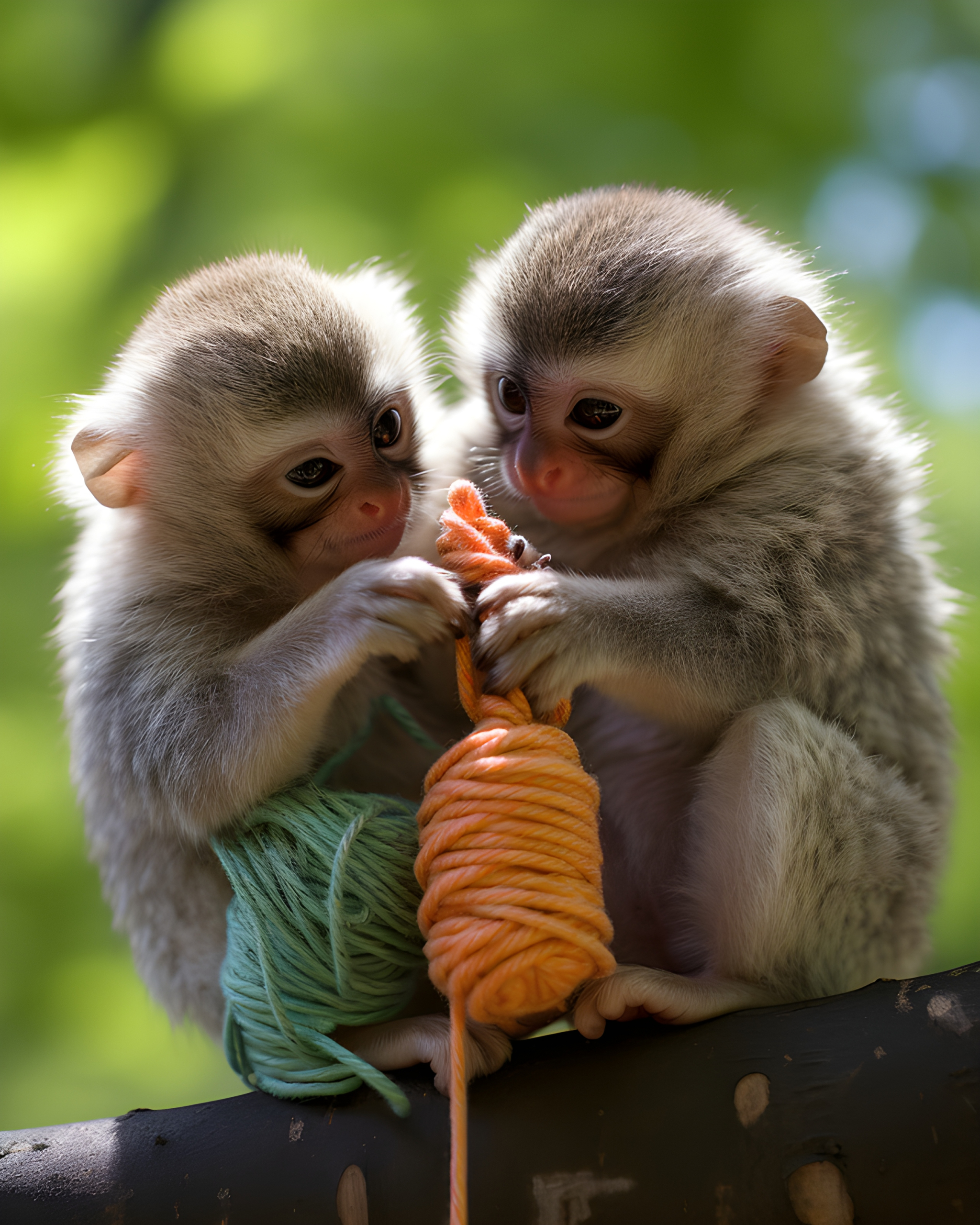 Baby monkeys fighting over knitting wool