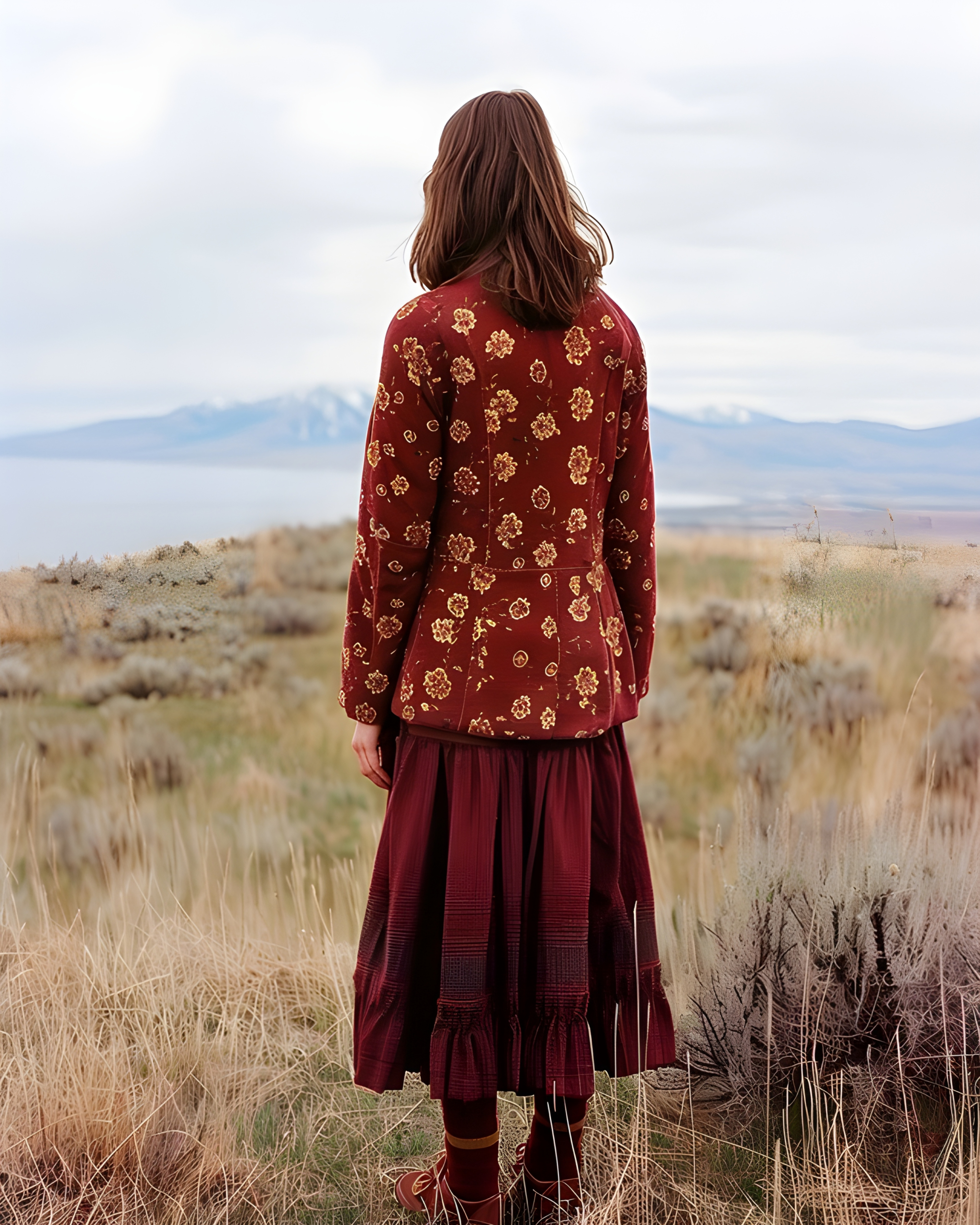 A woman stood on a cliff in an all-red outfit