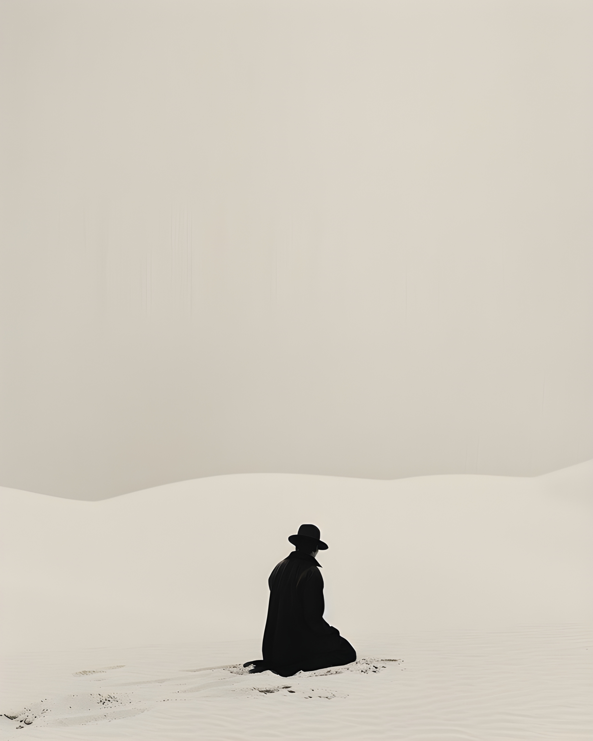 A person in black kneeling in the snow