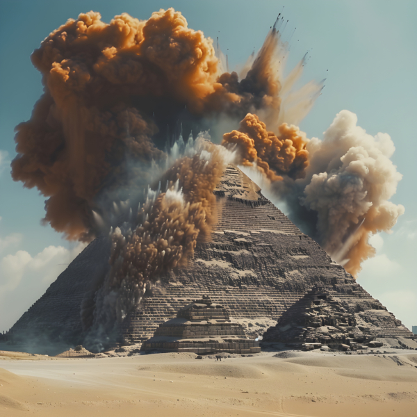 A slowmotion camera shot of Great Pyramid of Giza blowing up