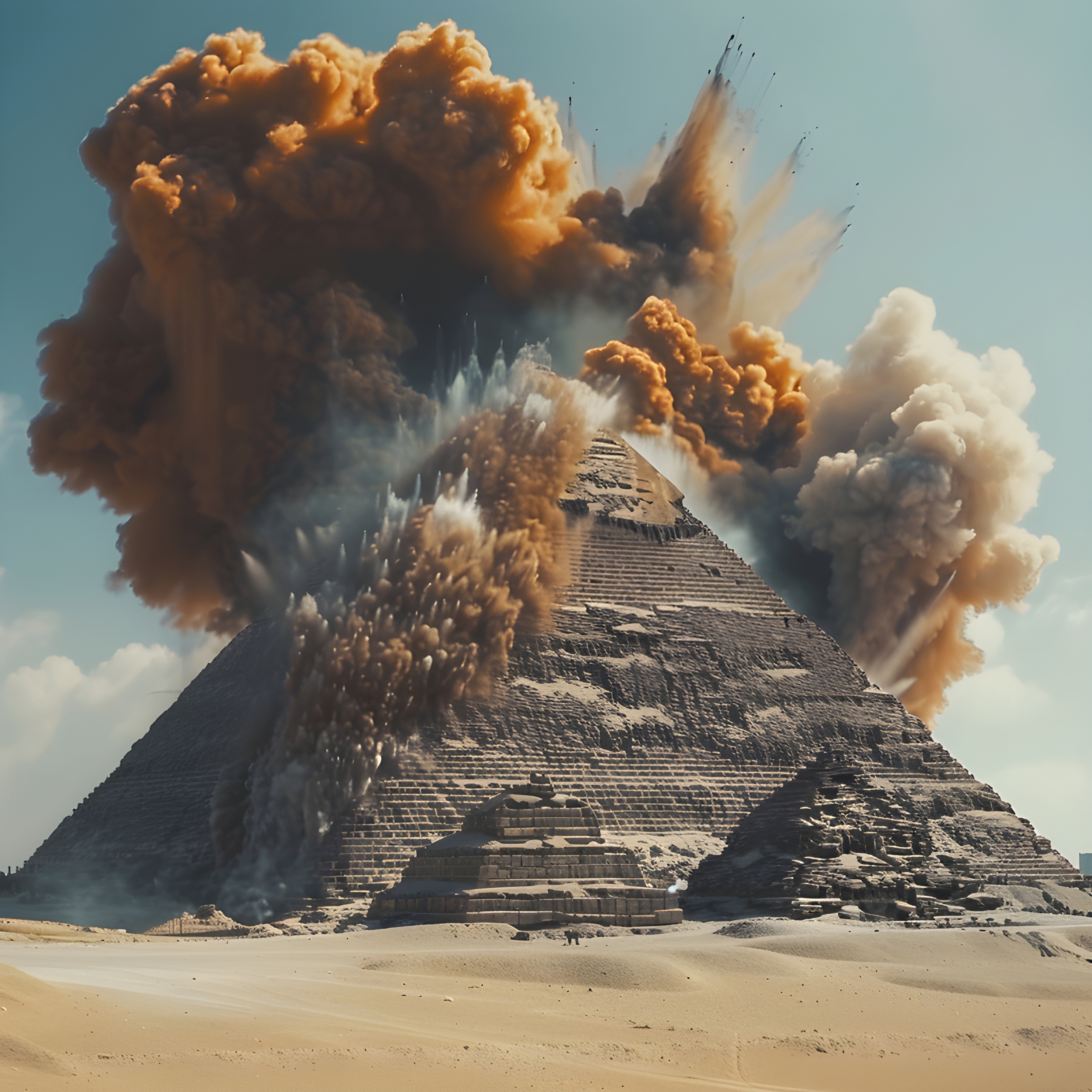A slow-motion camera shot of Great Pyramid of Giza blowing up