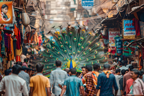 A bustling street market in an Indian city, with a giant peacock with ...