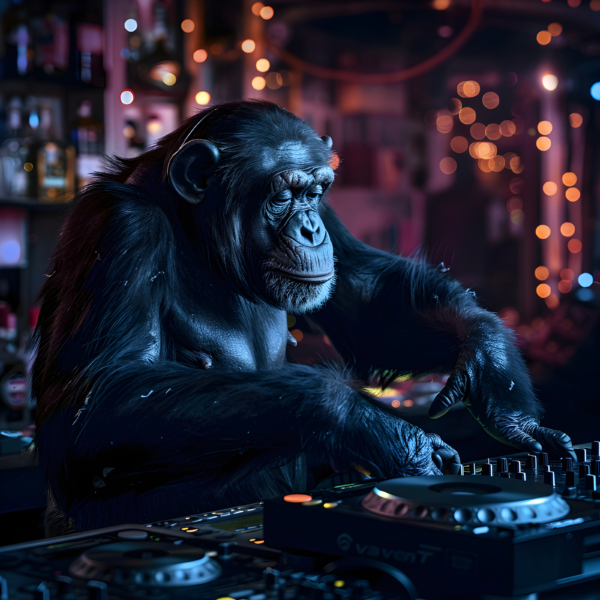 A chimpanzee as a DJ mixing music at a nightclub - Impossible Images ...