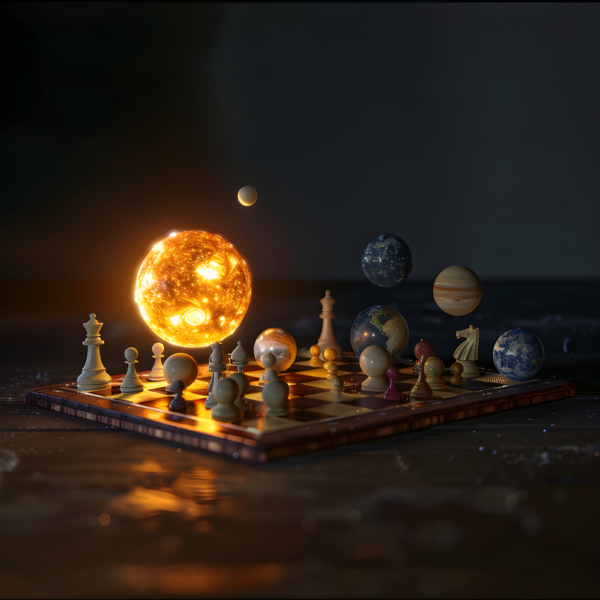 A chessboard where the pieces are planets of a miniature solar system ...
